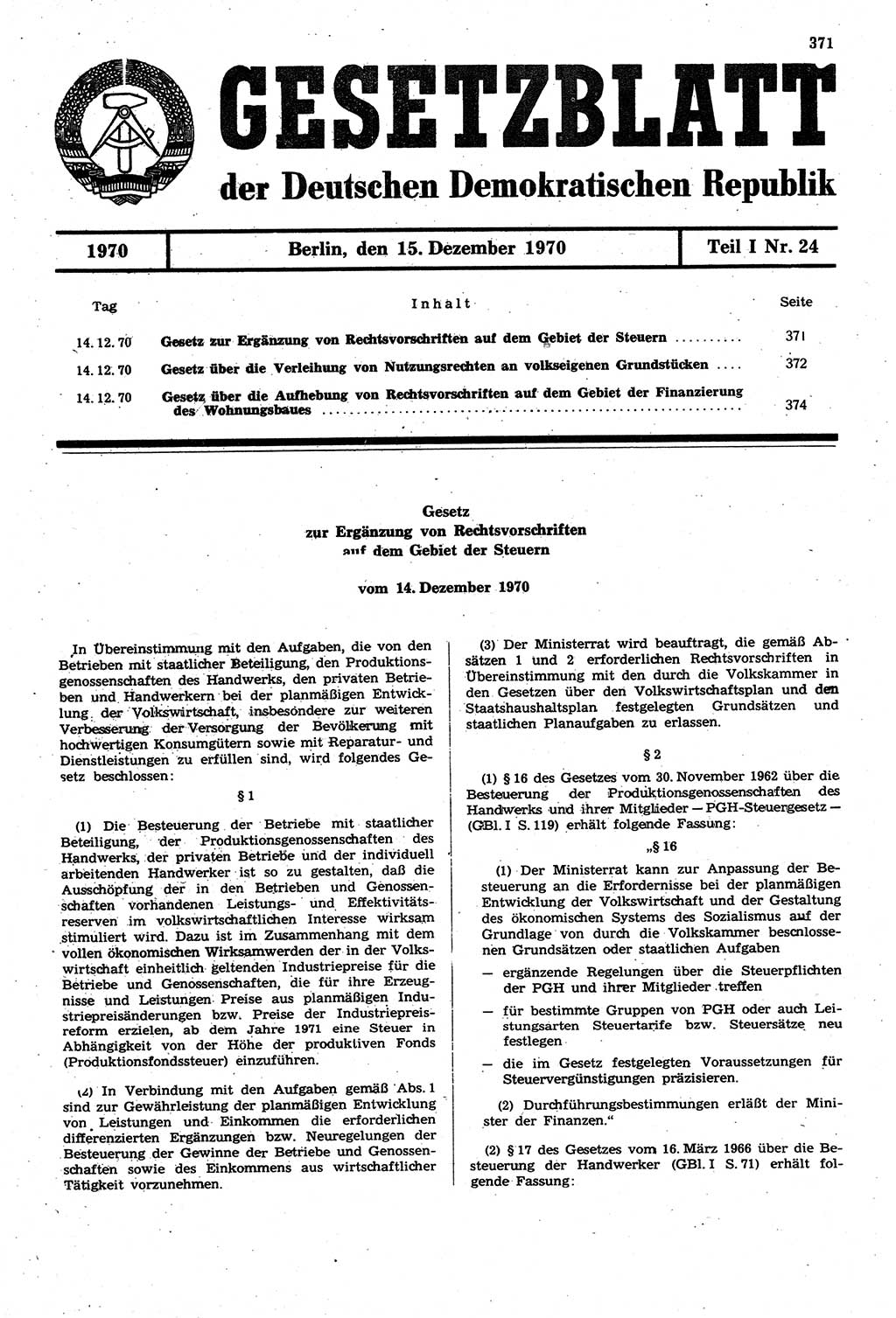 Gesetzblatt (GBl.) der Deutschen Demokratischen Republik (DDR) Teil Ⅰ 1970, Seite 371 (GBl. DDR Ⅰ 1970, S. 371)