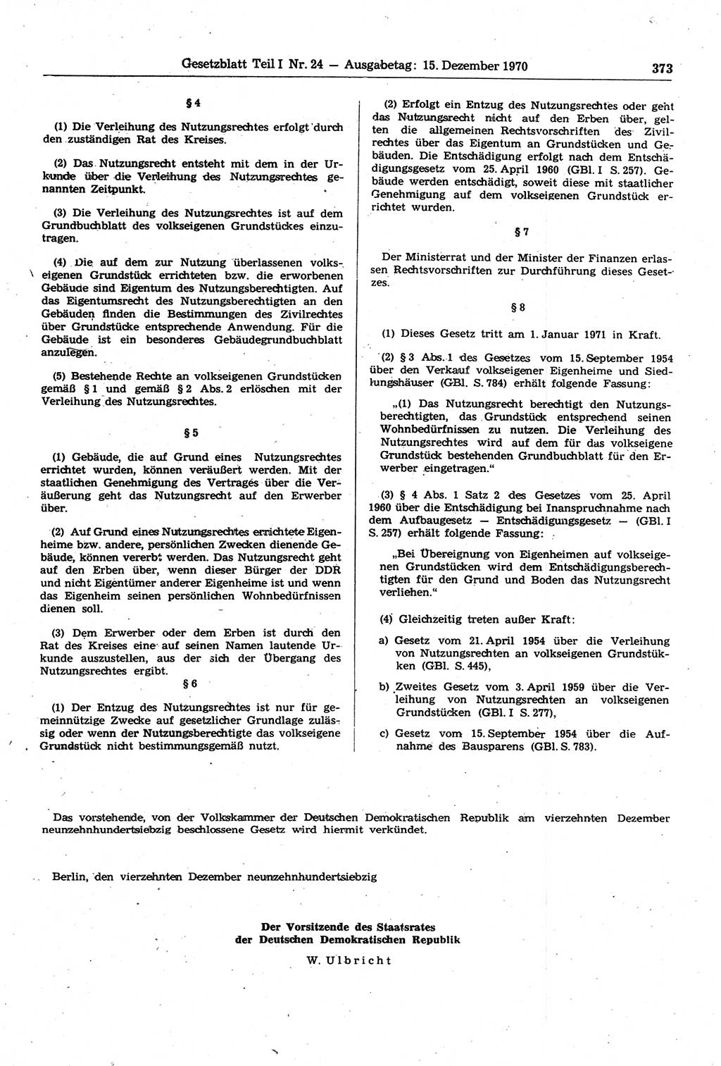 Gesetzblatt (GBl.) der Deutschen Demokratischen Republik (DDR) Teil Ⅰ 1970, Seite 373 (GBl. DDR Ⅰ 1970, S. 373)