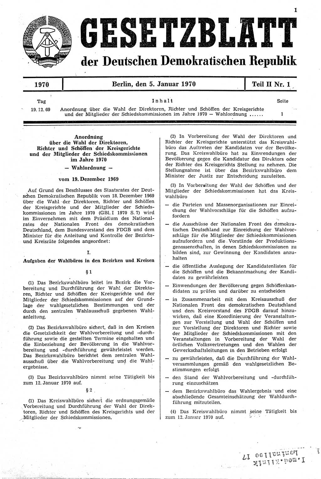Gesetzblatt (GBl.) der Deutschen Demokratischen Republik (DDR) Teil ⅠⅠ 1970, Seite 1 (GBl. DDR ⅠⅠ 1970, S. 1)