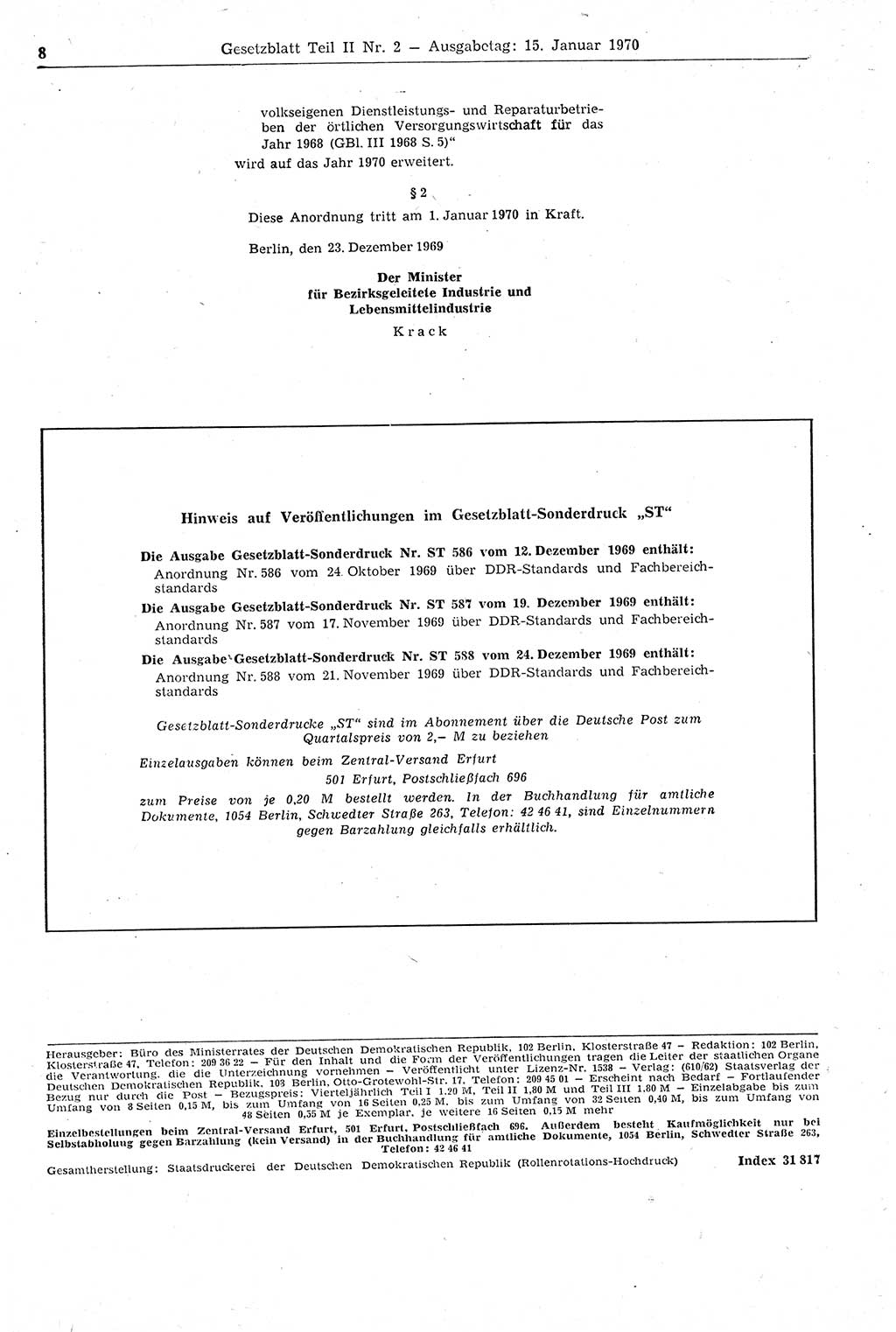 Gesetzblatt (GBl.) der Deutschen Demokratischen Republik (DDR) Teil ⅠⅠ 1970, Seite 8 (GBl. DDR ⅠⅠ 1970, S. 8)