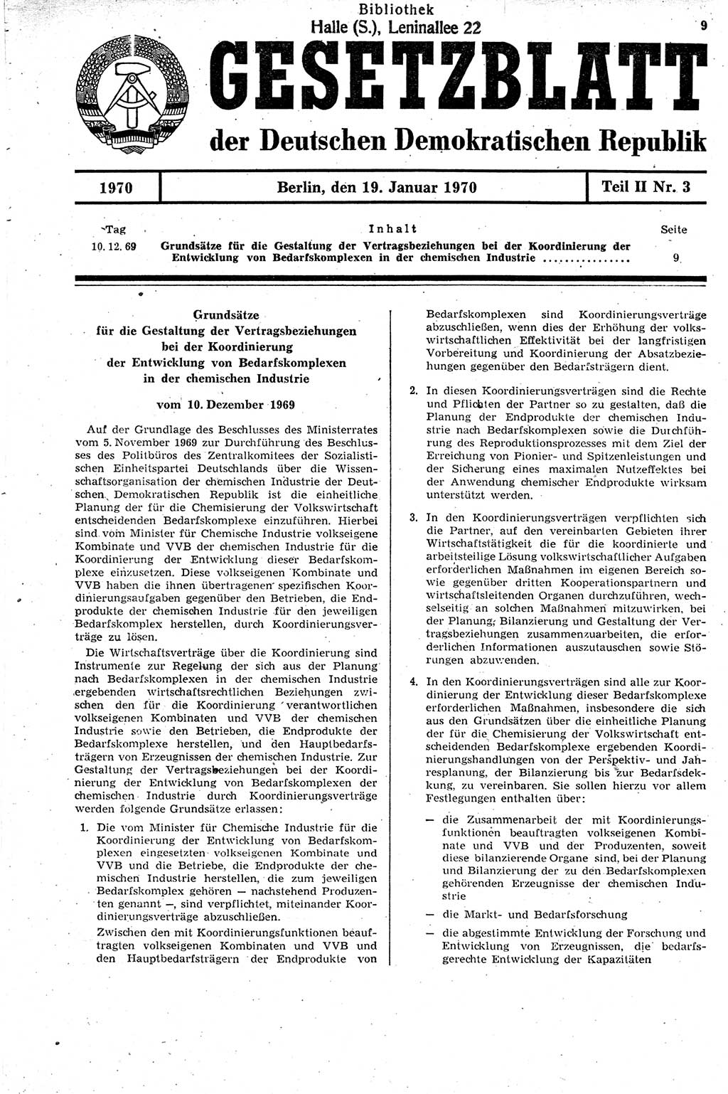 Gesetzblatt (GBl.) der Deutschen Demokratischen Republik (DDR) Teil ⅠⅠ 1970, Seite 9 (GBl. DDR ⅠⅠ 1970, S. 9)