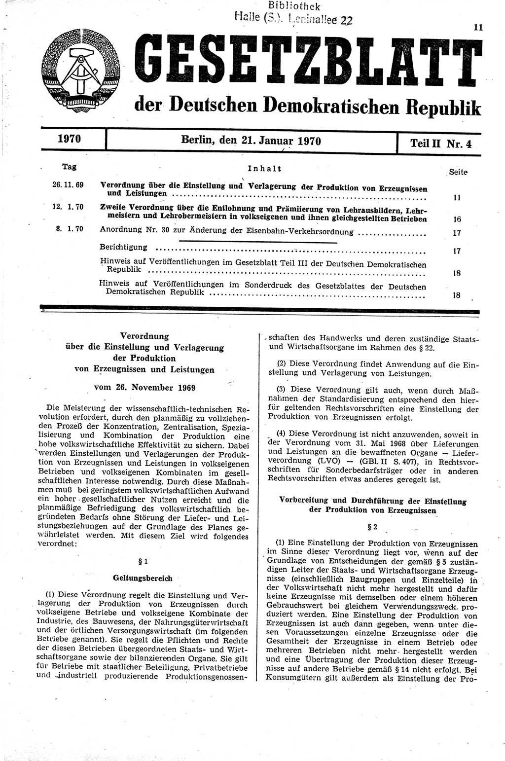 Gesetzblatt (GBl.) der Deutschen Demokratischen Republik (DDR) Teil ⅠⅠ 1970, Seite 11 (GBl. DDR ⅠⅠ 1970, S. 11)