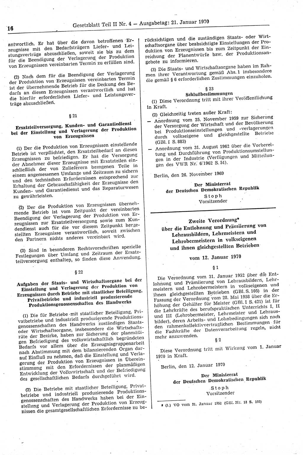 Gesetzblatt (GBl.) der Deutschen Demokratischen Republik (DDR) Teil ⅠⅠ 1970, Seite 16 (GBl. DDR ⅠⅠ 1970, S. 16)