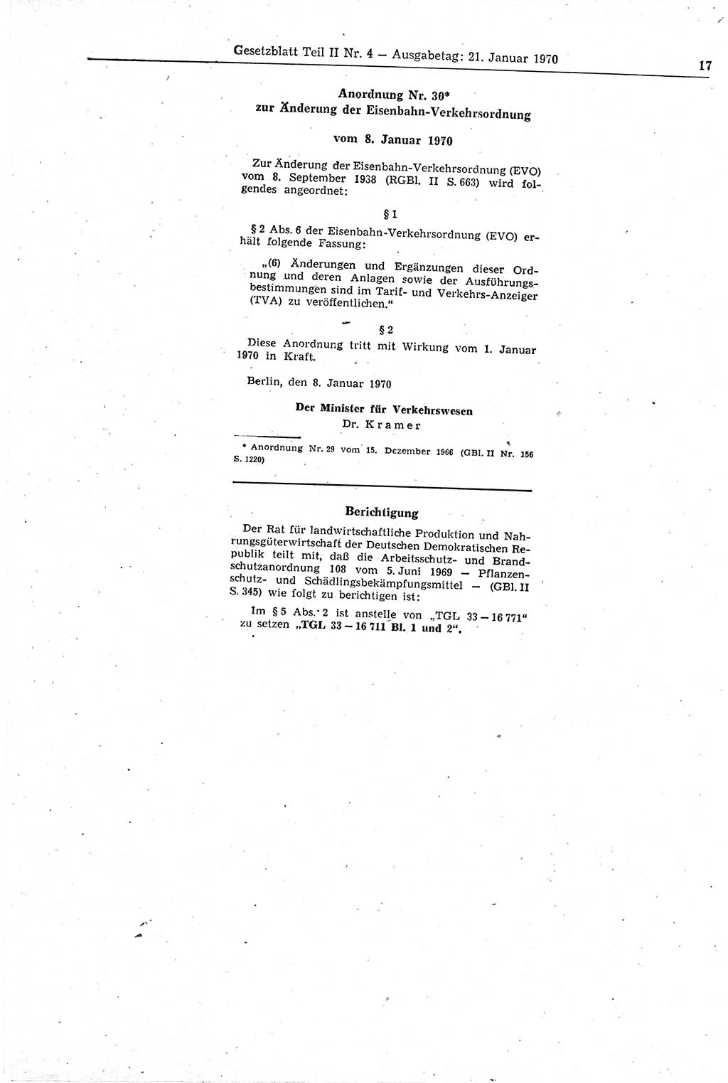 Gesetzblatt (GBl.) der Deutschen Demokratischen Republik (DDR) Teil ⅠⅠ 1970, Seite 17 (GBl. DDR ⅠⅠ 1970, S. 17)