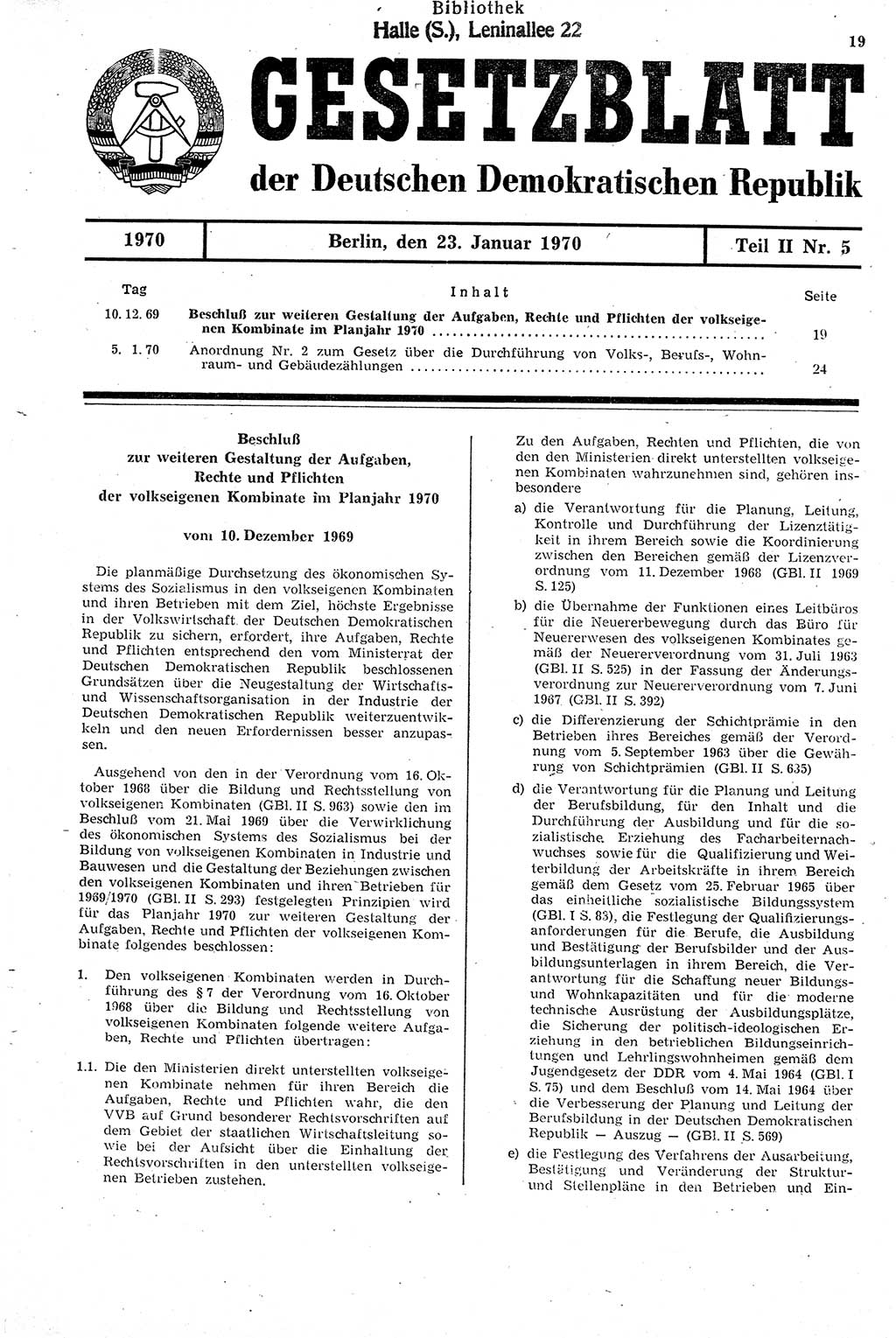 Gesetzblatt (GBl.) der Deutschen Demokratischen Republik (DDR) Teil ⅠⅠ 1970, Seite 19 (GBl. DDR ⅠⅠ 1970, S. 19)