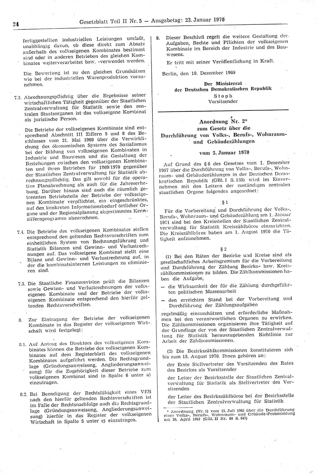 Gesetzblatt (GBl.) der Deutschen Demokratischen Republik (DDR) Teil ⅠⅠ 1970, Seite 24 (GBl. DDR ⅠⅠ 1970, S. 24)