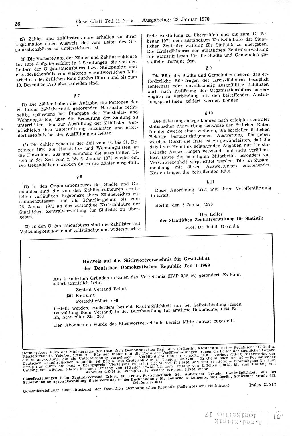 Gesetzblatt (GBl.) der Deutschen Demokratischen Republik (DDR) Teil ⅠⅠ 1970, Seite 26 (GBl. DDR ⅠⅠ 1970, S. 26)