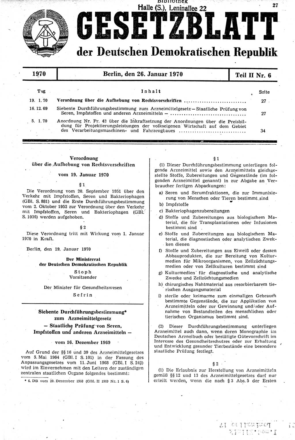 Gesetzblatt (GBl.) der Deutschen Demokratischen Republik (DDR) Teil ⅠⅠ 1970, Seite 27 (GBl. DDR ⅠⅠ 1970, S. 27)