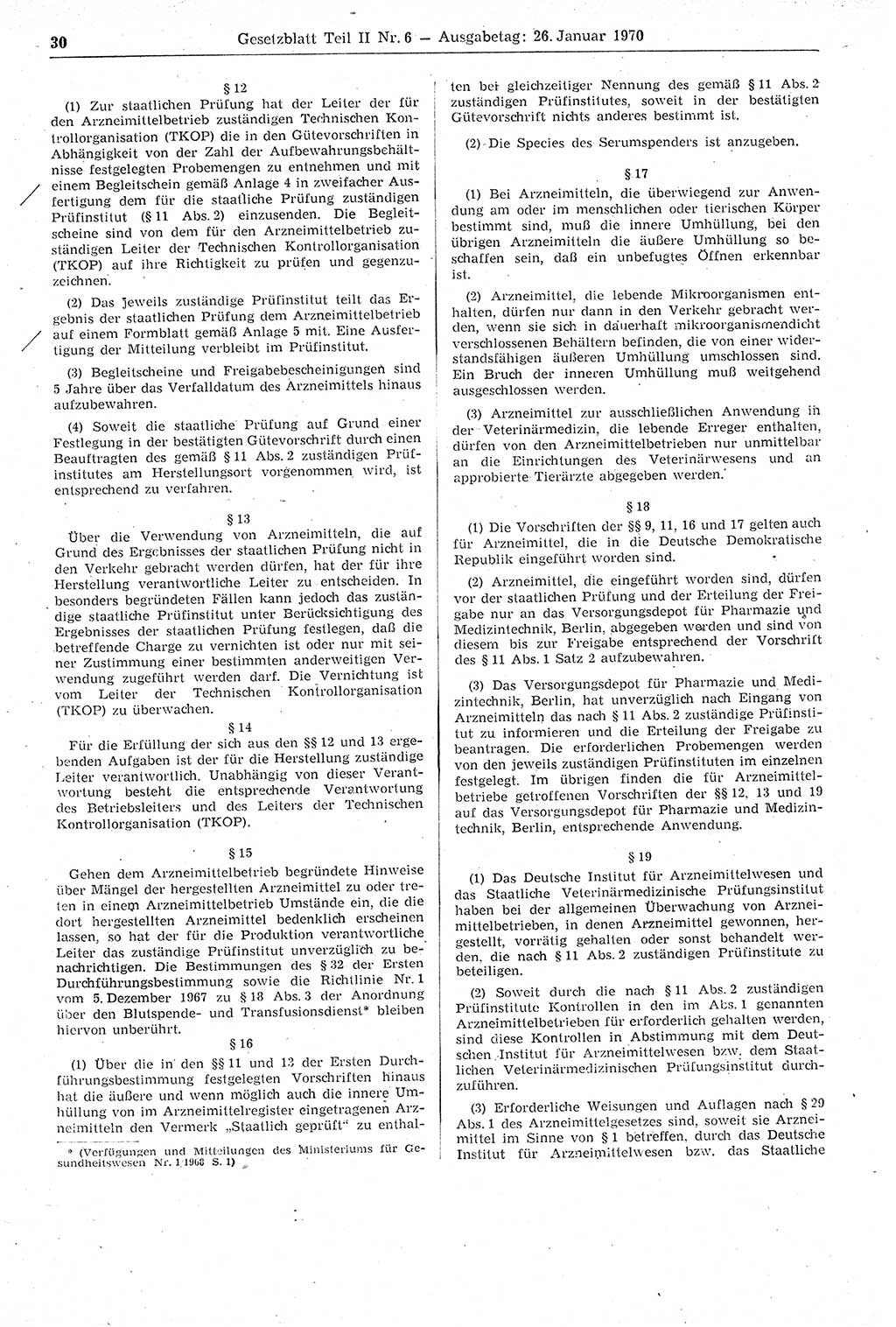 Gesetzblatt (GBl.) der Deutschen Demokratischen Republik (DDR) Teil ⅠⅠ 1970, Seite 30 (GBl. DDR ⅠⅠ 1970, S. 30)