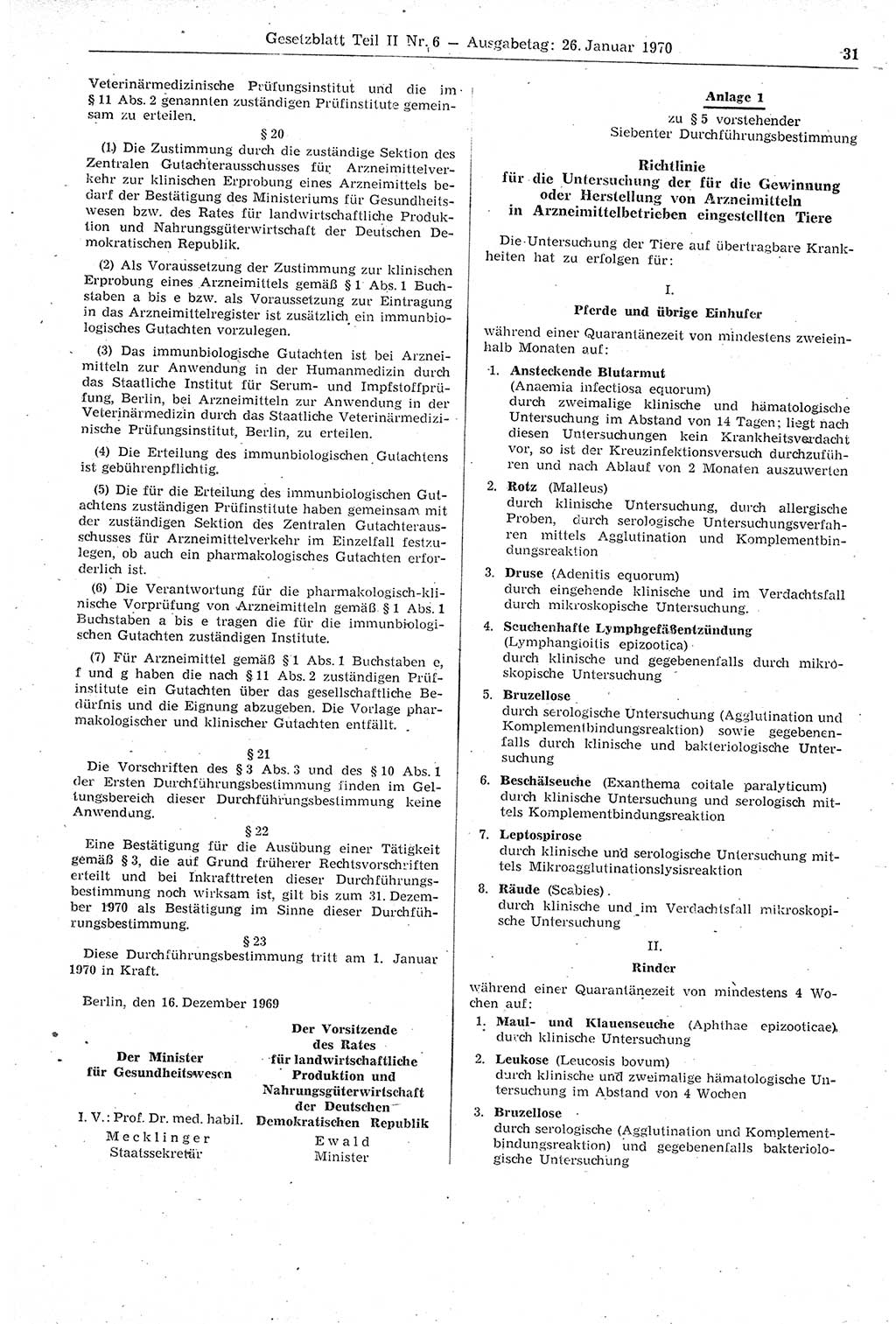 Gesetzblatt (GBl.) der Deutschen Demokratischen Republik (DDR) Teil ⅠⅠ 1970, Seite 31 (GBl. DDR ⅠⅠ 1970, S. 31)