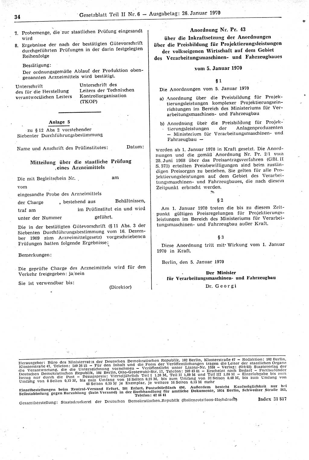 Gesetzblatt (GBl.) der Deutschen Demokratischen Republik (DDR) Teil ⅠⅠ 1970, Seite 34 (GBl. DDR ⅠⅠ 1970, S. 34)