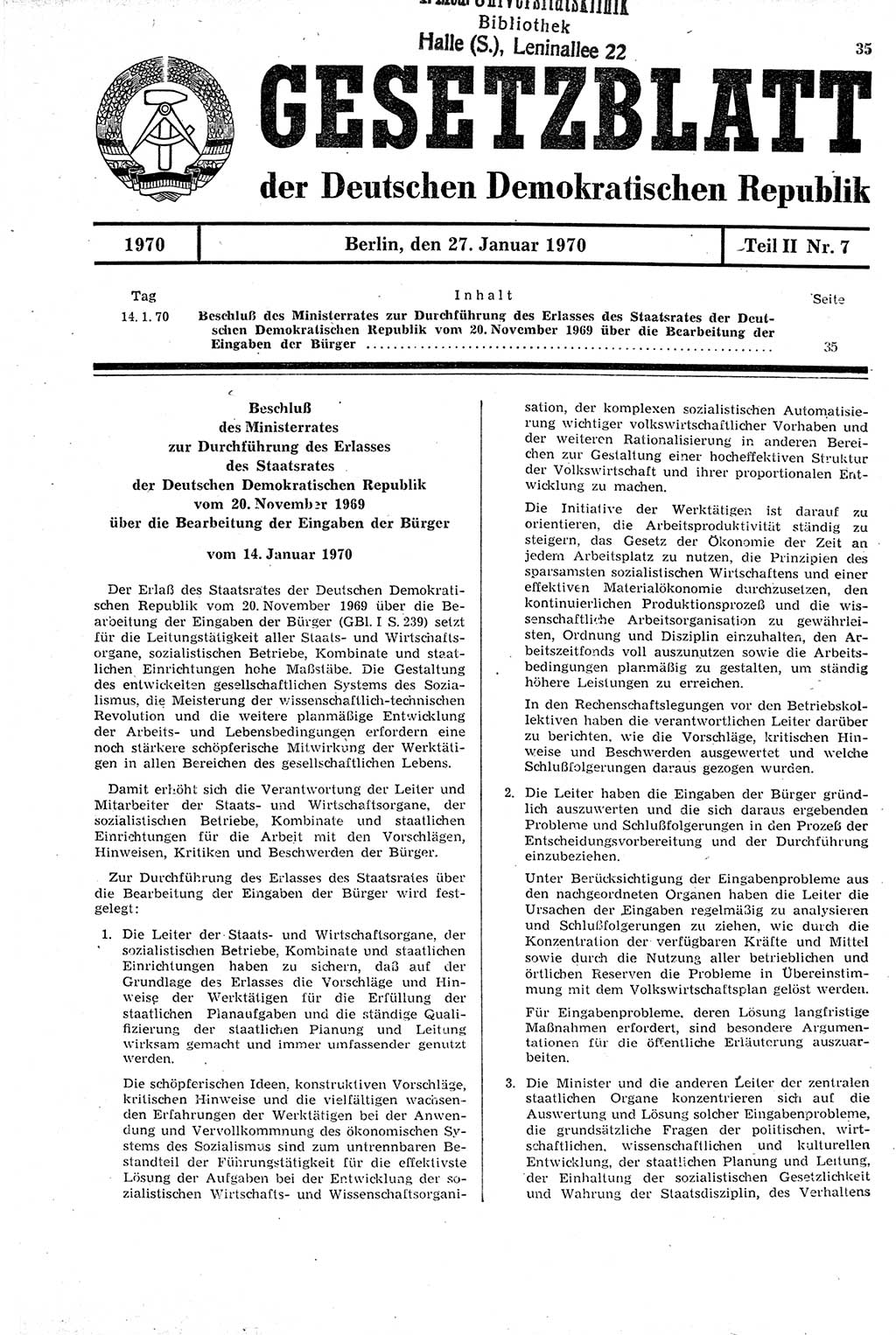 Gesetzblatt (GBl.) der Deutschen Demokratischen Republik (DDR) Teil ⅠⅠ 1970, Seite 35 (GBl. DDR ⅠⅠ 1970, S. 35)
