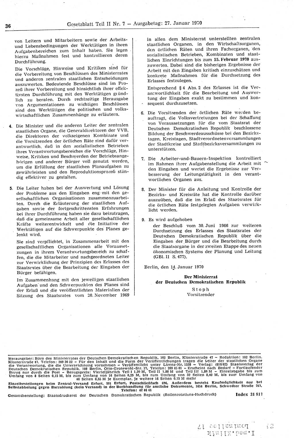 Gesetzblatt (GBl.) der Deutschen Demokratischen Republik (DDR) Teil ⅠⅠ 1970, Seite 36 (GBl. DDR ⅠⅠ 1970, S. 36)