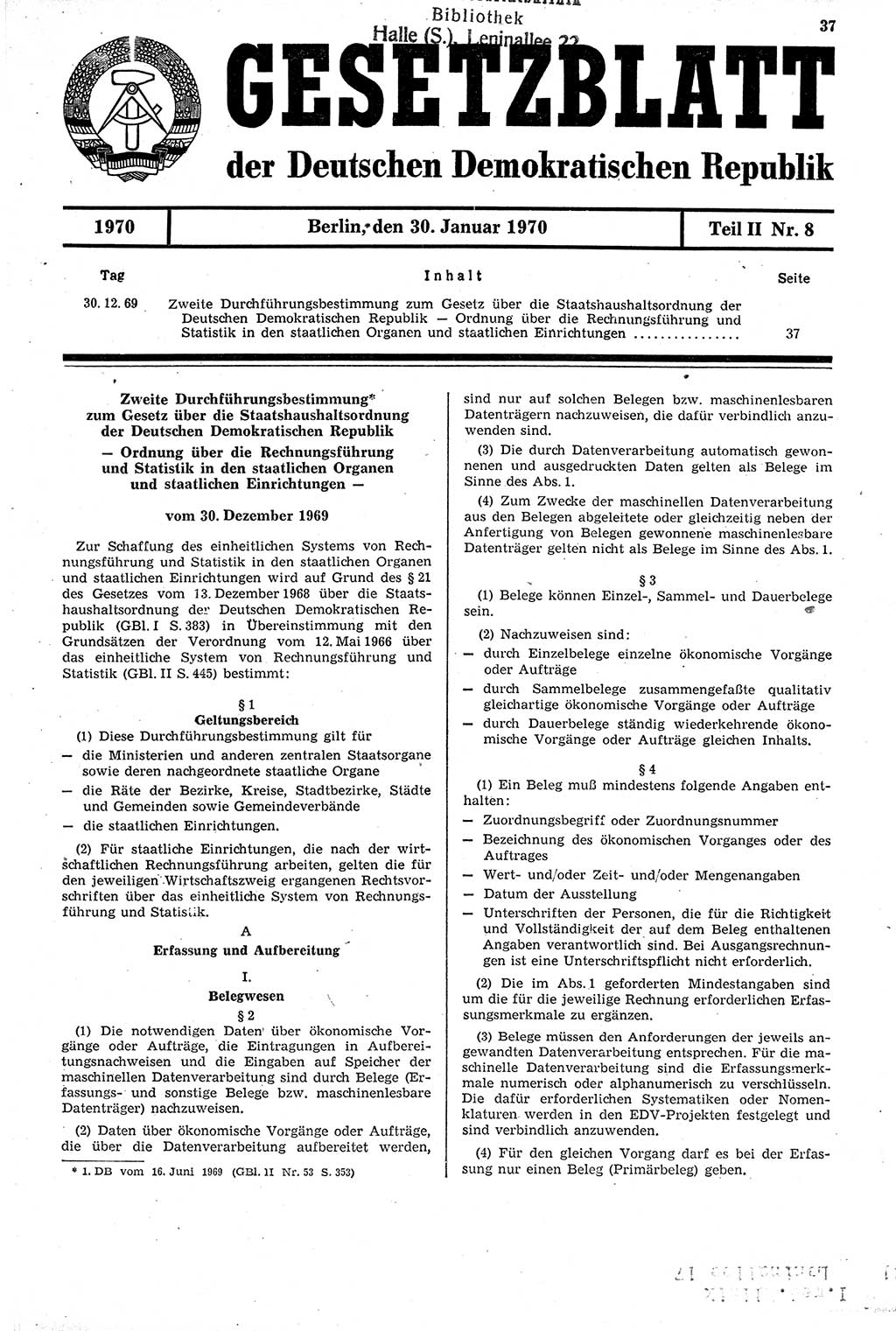 Gesetzblatt (GBl.) der Deutschen Demokratischen Republik (DDR) Teil ⅠⅠ 1970, Seite 37 (GBl. DDR ⅠⅠ 1970, S. 37)