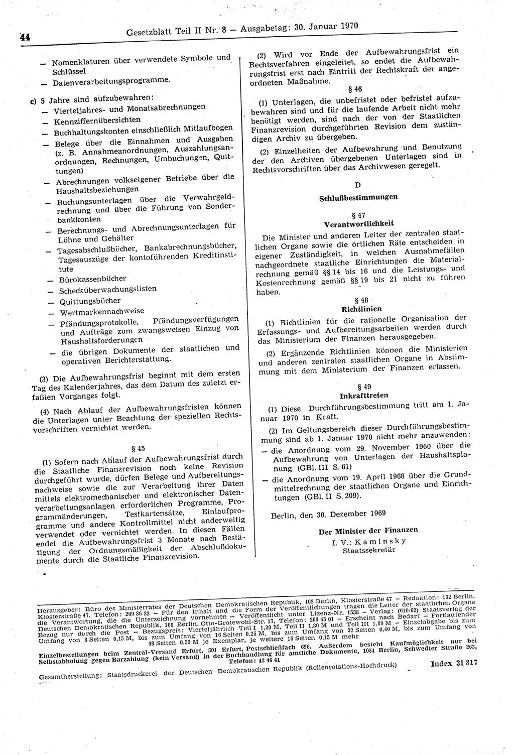 Gesetzblatt (GBl.) der Deutschen Demokratischen Republik (DDR) Teil ⅠⅠ 1970, Seite 44 (GBl. DDR ⅠⅠ 1970, S. 44)