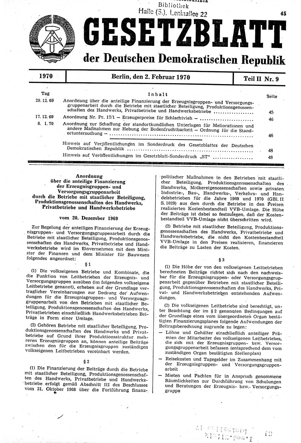 Gesetzblatt (GBl.) der Deutschen Demokratischen Republik (DDR) Teil ⅠⅠ 1970, Seite 45 (GBl. DDR ⅠⅠ 1970, S. 45)