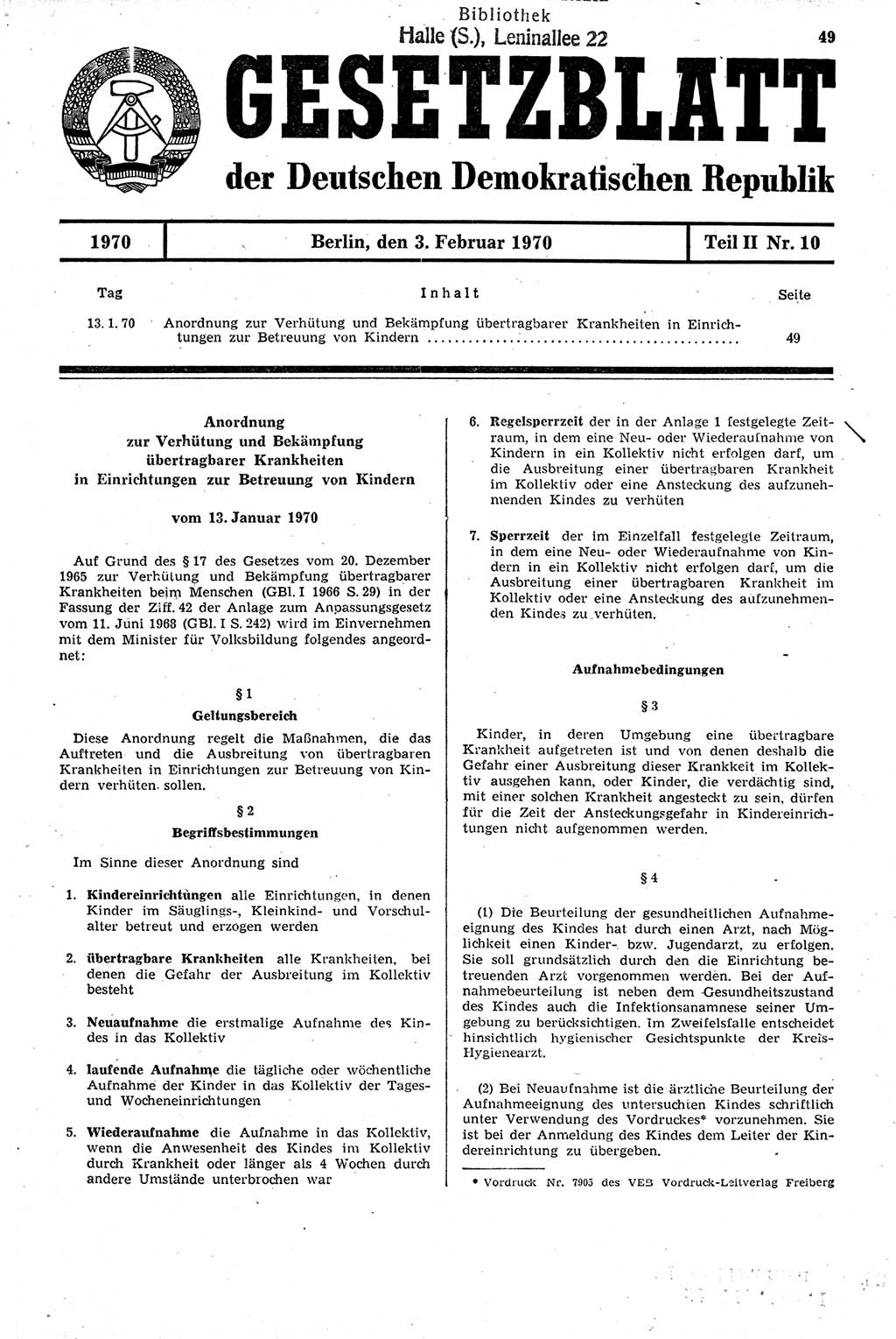 Gesetzblatt (GBl.) der Deutschen Demokratischen Republik (DDR) Teil ⅠⅠ 1970, Seite 49 (GBl. DDR ⅠⅠ 1970, S. 49)