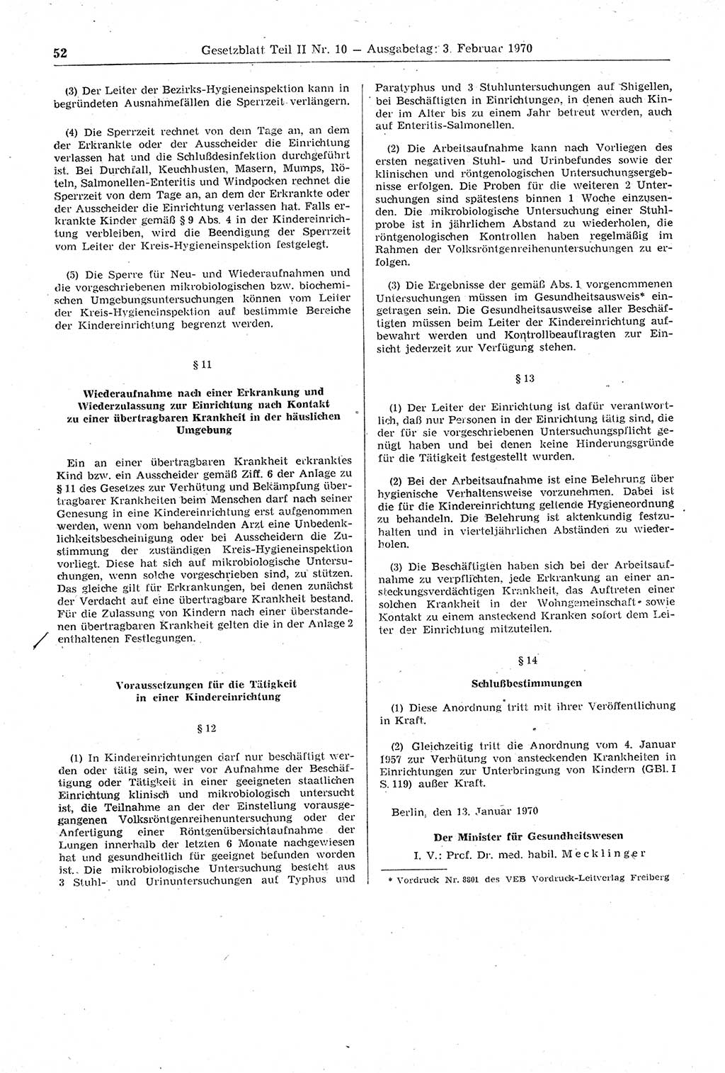Gesetzblatt (GBl.) der Deutschen Demokratischen Republik (DDR) Teil ⅠⅠ 1970, Seite 52 (GBl. DDR ⅠⅠ 1970, S. 52)