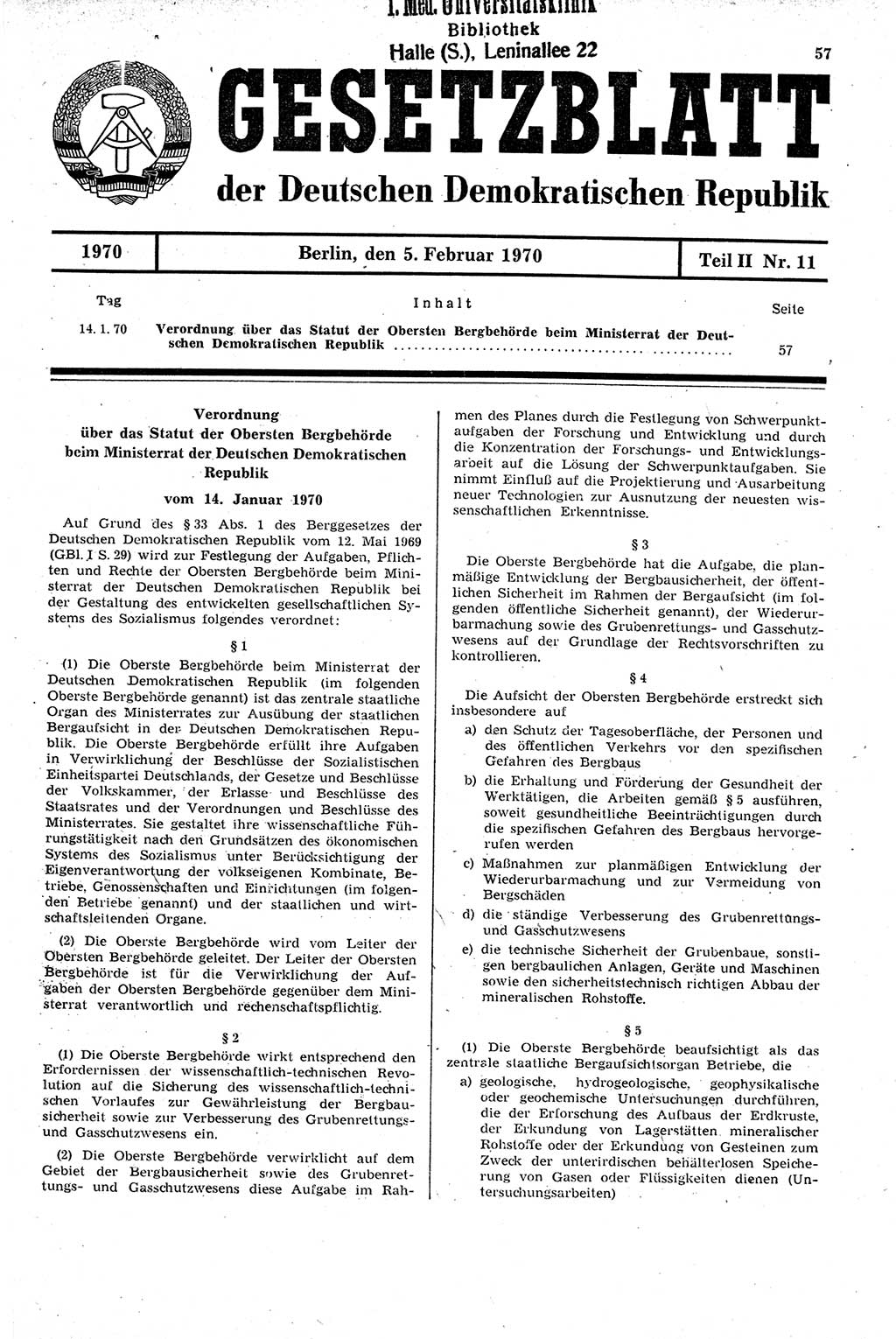 Gesetzblatt (GBl.) der Deutschen Demokratischen Republik (DDR) Teil ⅠⅠ 1970, Seite 57 (GBl. DDR ⅠⅠ 1970, S. 57)