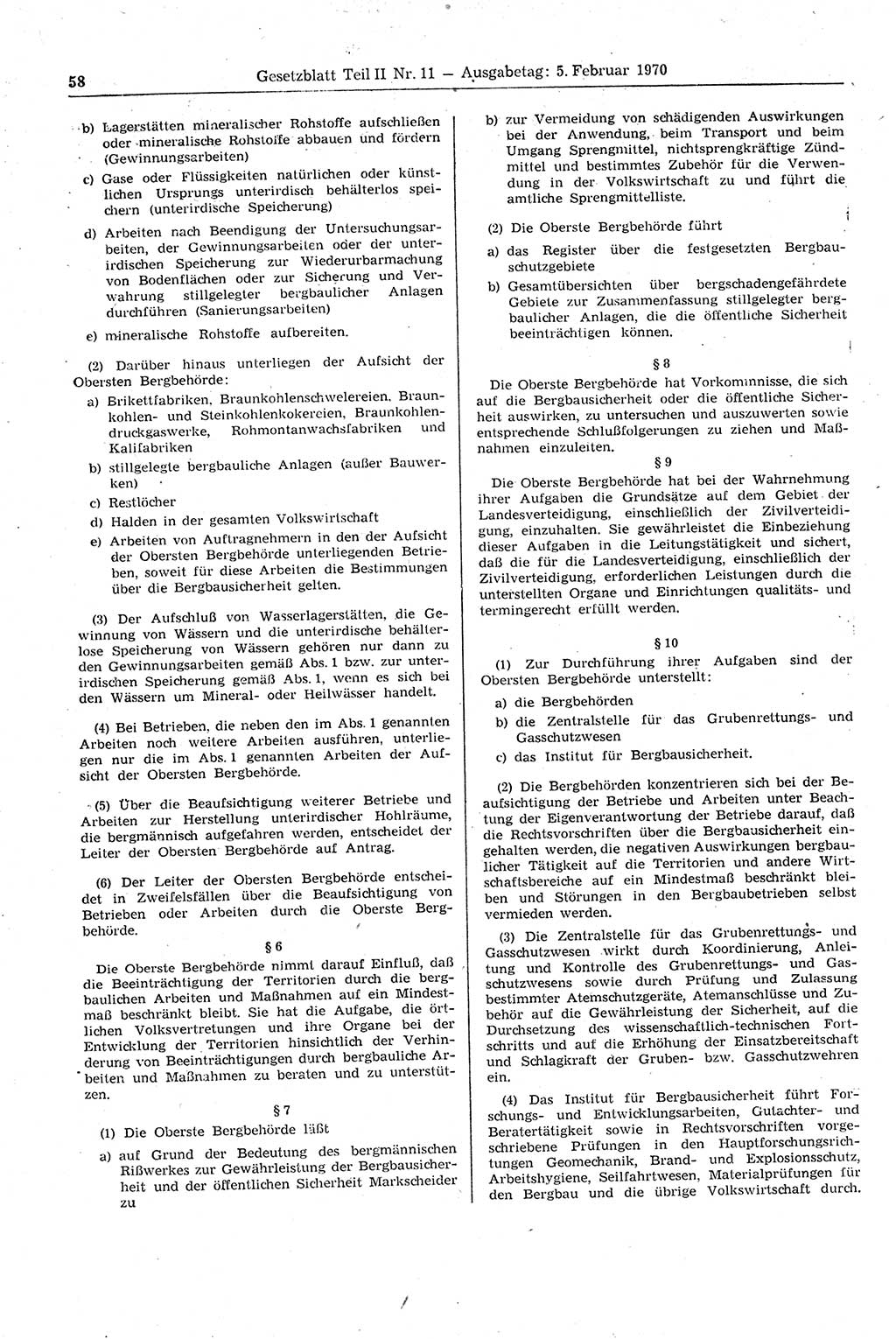 Gesetzblatt (GBl.) der Deutschen Demokratischen Republik (DDR) Teil ⅠⅠ 1970, Seite 58 (GBl. DDR ⅠⅠ 1970, S. 58)