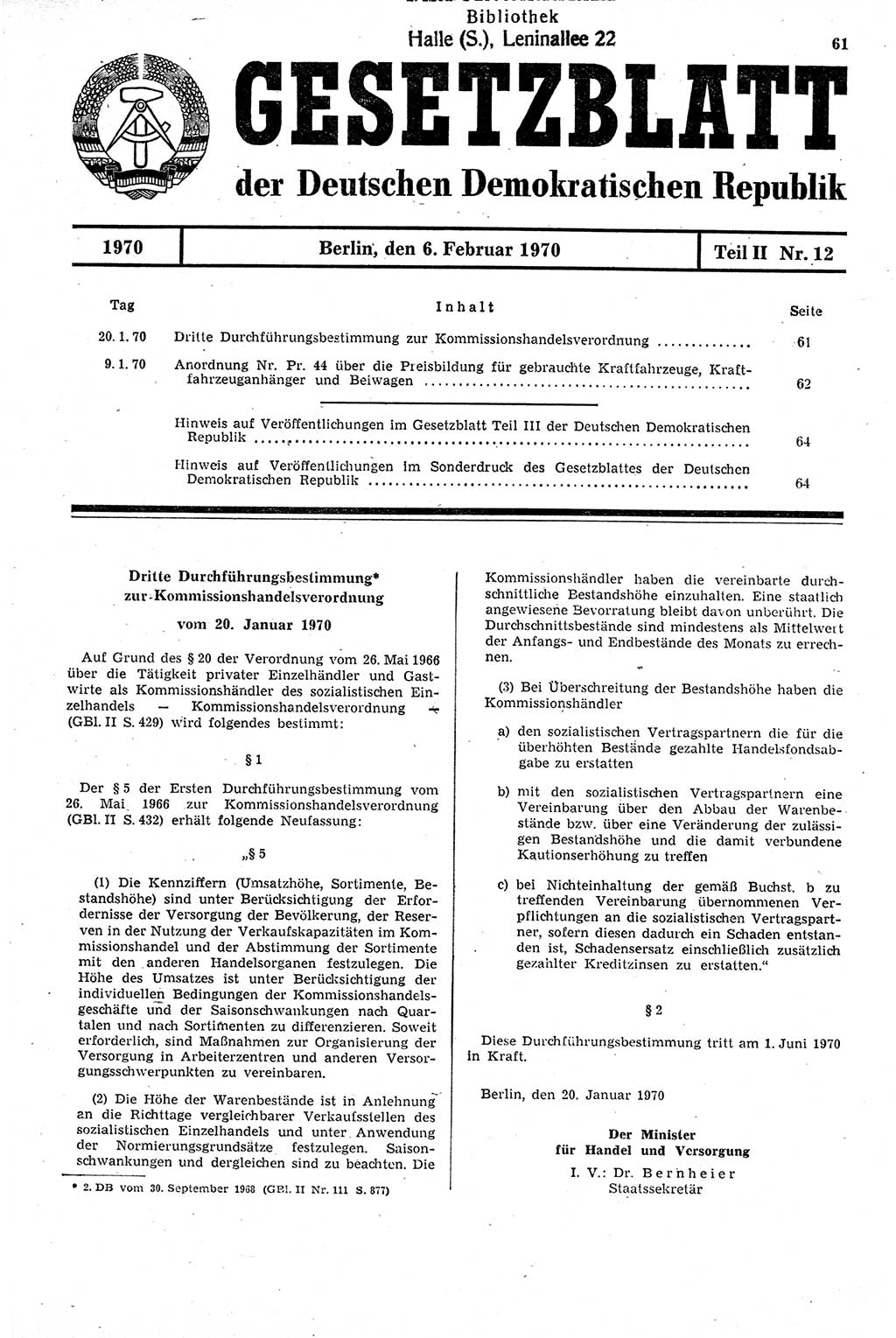 Gesetzblatt (GBl.) der Deutschen Demokratischen Republik (DDR) Teil ⅠⅠ 1970, Seite 61 (GBl. DDR ⅠⅠ 1970, S. 61)