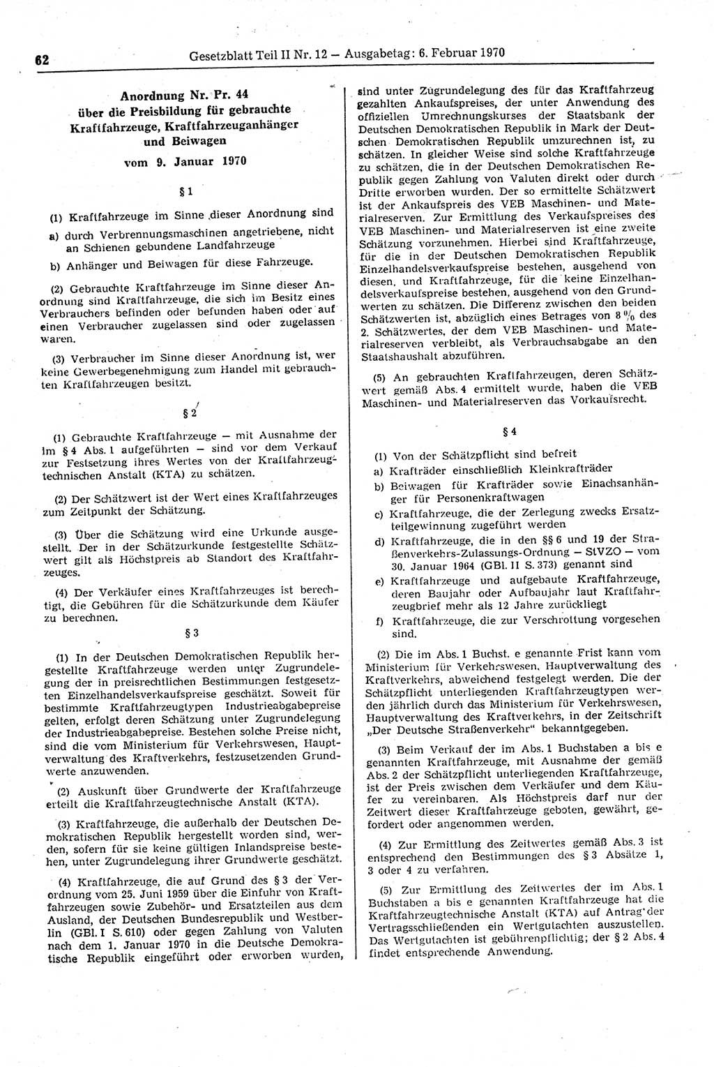 Gesetzblatt (GBl.) der Deutschen Demokratischen Republik (DDR) Teil ⅠⅠ 1970, Seite 62 (GBl. DDR ⅠⅠ 1970, S. 62)