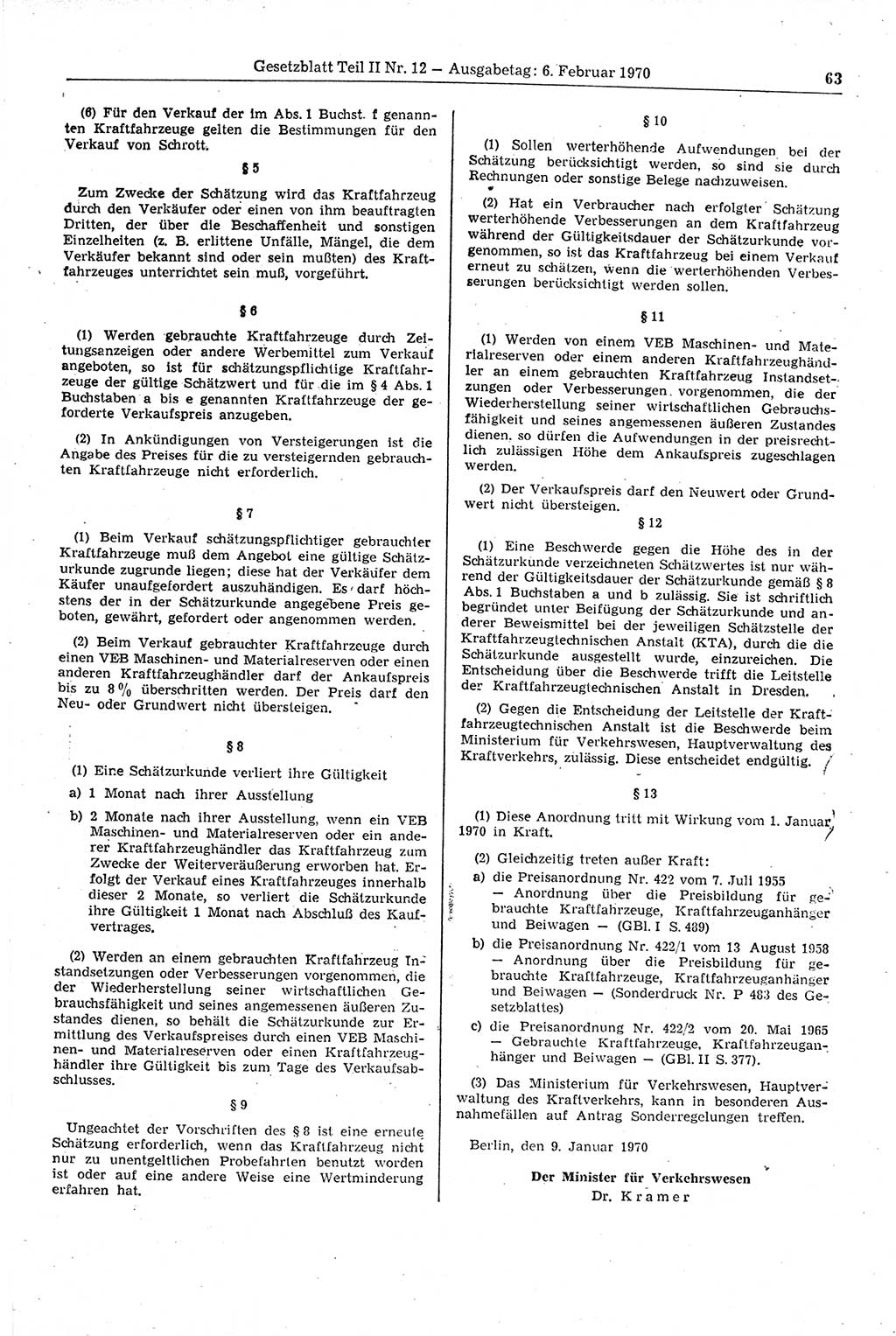 Gesetzblatt (GBl.) der Deutschen Demokratischen Republik (DDR) Teil ⅠⅠ 1970, Seite 63 (GBl. DDR ⅠⅠ 1970, S. 63)