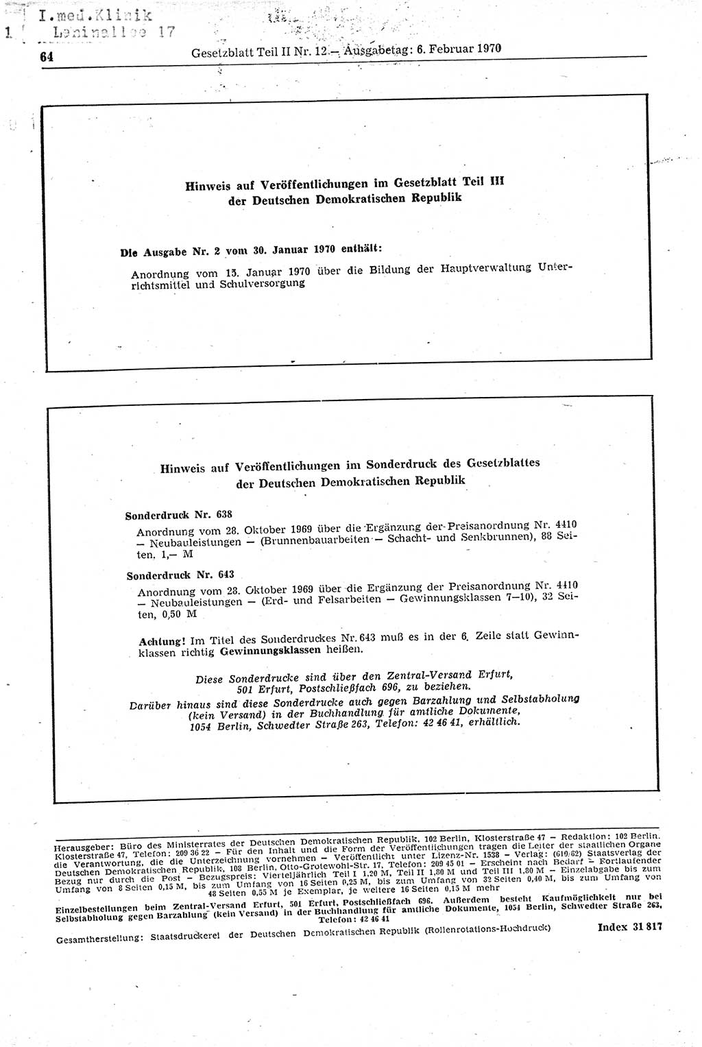 Gesetzblatt (GBl.) der Deutschen Demokratischen Republik (DDR) Teil ⅠⅠ 1970, Seite 64 (GBl. DDR ⅠⅠ 1970, S. 64)
