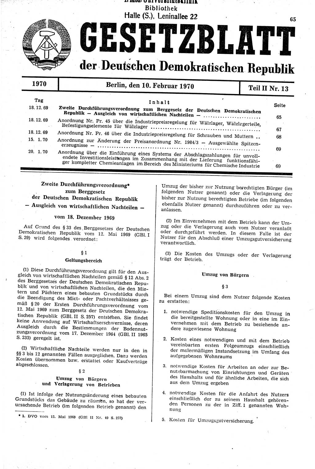 Gesetzblatt (GBl.) der Deutschen Demokratischen Republik (DDR) Teil ⅠⅠ 1970, Seite 65 (GBl. DDR ⅠⅠ 1970, S. 65)