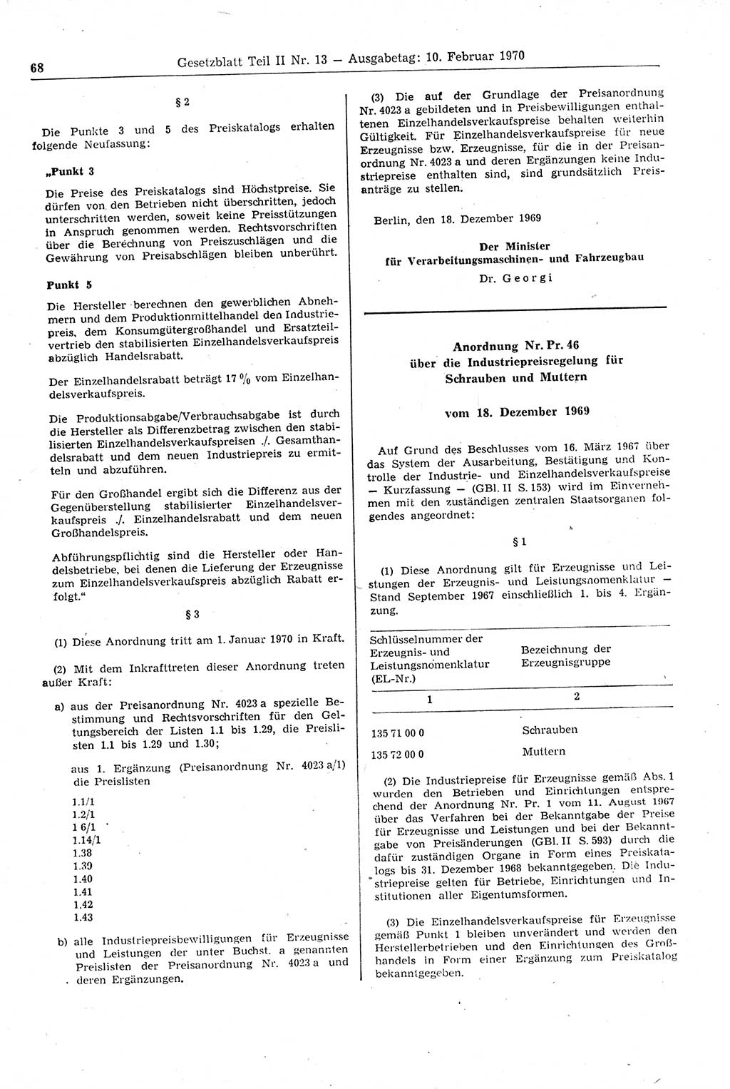 Gesetzblatt (GBl.) der Deutschen Demokratischen Republik (DDR) Teil ⅠⅠ 1970, Seite 68 (GBl. DDR ⅠⅠ 1970, S. 68)