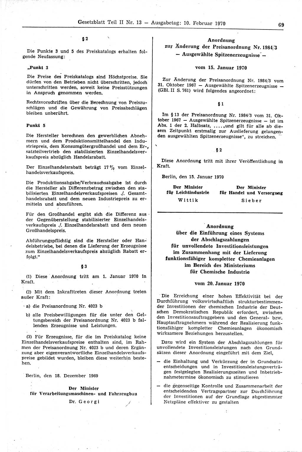 Gesetzblatt (GBl.) der Deutschen Demokratischen Republik (DDR) Teil ⅠⅠ 1970, Seite 69 (GBl. DDR ⅠⅠ 1970, S. 69)