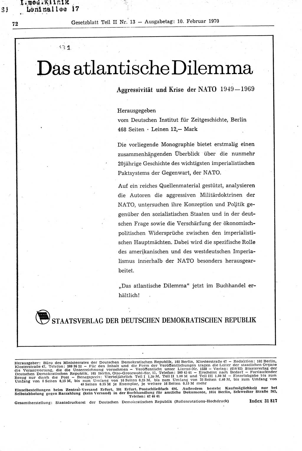 Gesetzblatt (GBl.) der Deutschen Demokratischen Republik (DDR) Teil ⅠⅠ 1970, Seite 72 (GBl. DDR ⅠⅠ 1970, S. 72)