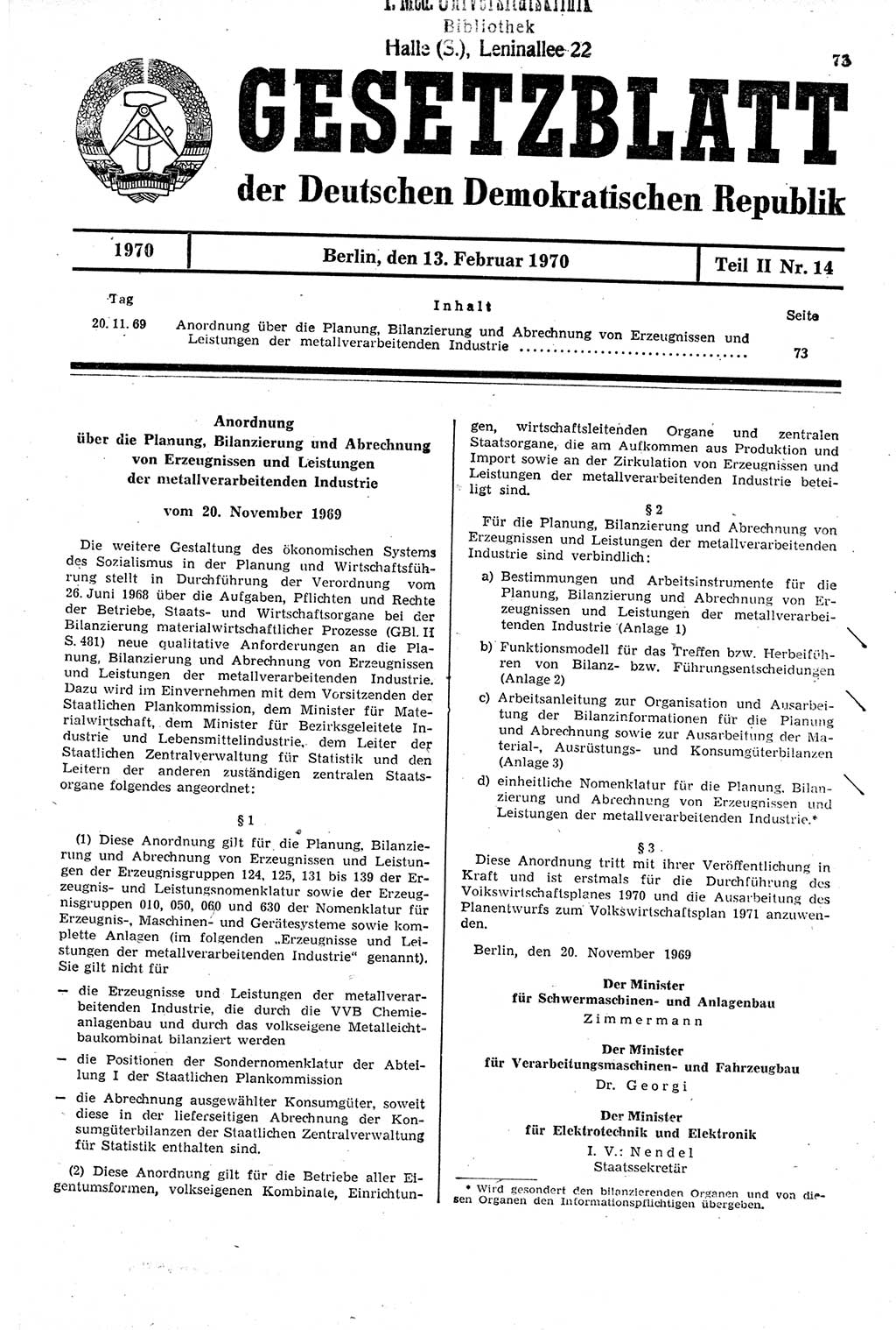 Gesetzblatt (GBl.) der Deutschen Demokratischen Republik (DDR) Teil ⅠⅠ 1970, Seite 73 (GBl. DDR ⅠⅠ 1970, S. 73)