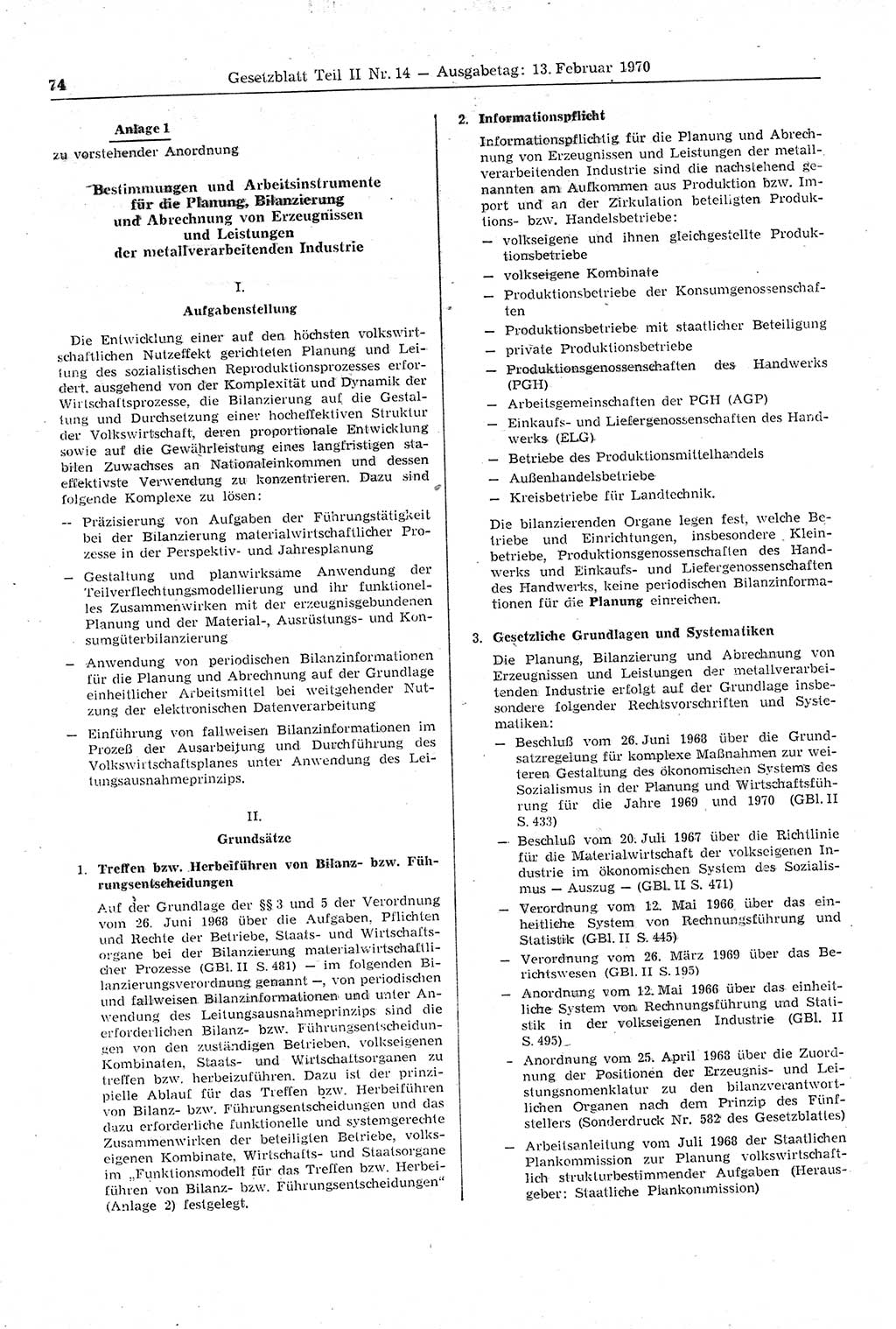 Gesetzblatt (GBl.) der Deutschen Demokratischen Republik (DDR) Teil ⅠⅠ 1970, Seite 74 (GBl. DDR ⅠⅠ 1970, S. 74)