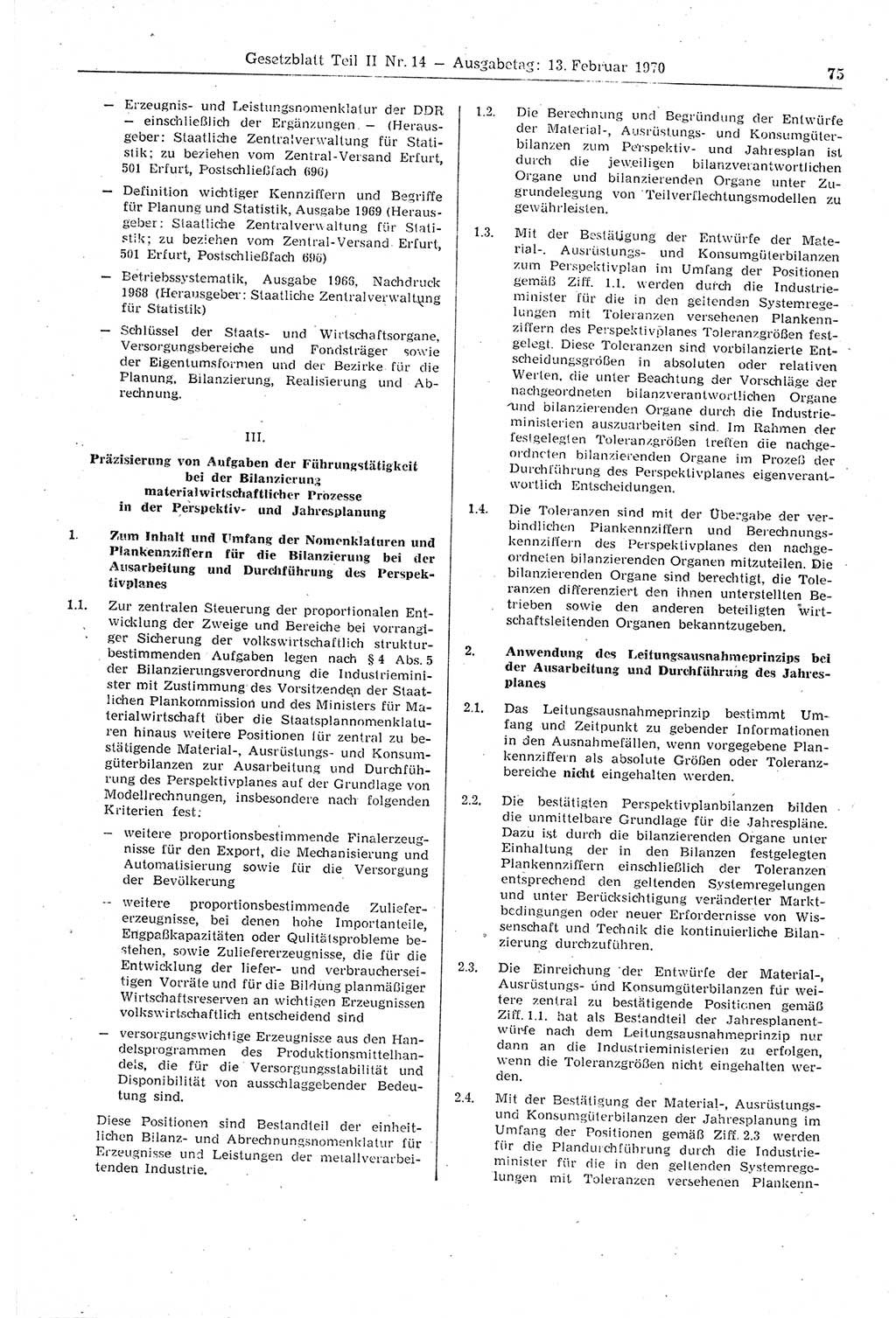 Gesetzblatt (GBl.) der Deutschen Demokratischen Republik (DDR) Teil ⅠⅠ 1970, Seite 75 (GBl. DDR ⅠⅠ 1970, S. 75)