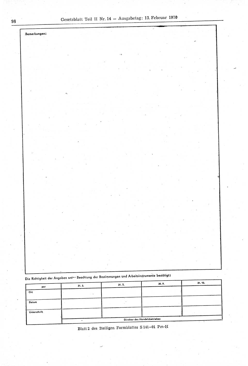 Gesetzblatt (GBl.) der Deutschen Demokratischen Republik (DDR) Teil ⅠⅠ 1970, Seite 98 (GBl. DDR ⅠⅠ 1970, S. 98)