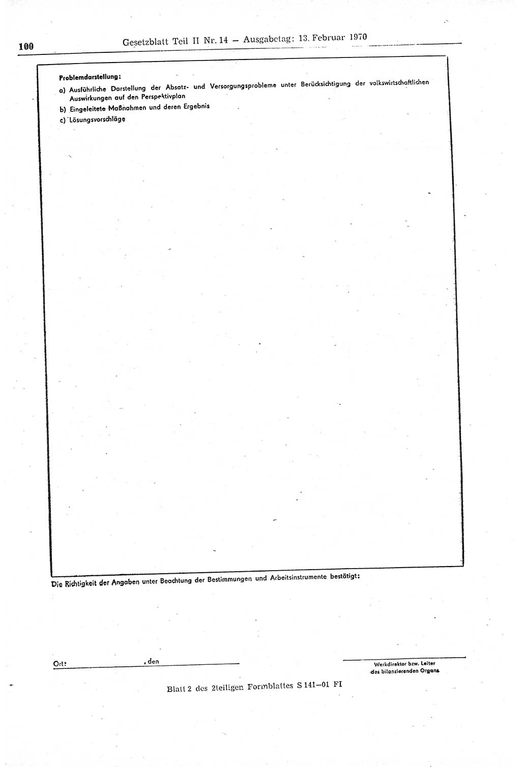 Gesetzblatt (GBl.) der Deutschen Demokratischen Republik (DDR) Teil ⅠⅠ 1970, Seite 100 (GBl. DDR ⅠⅠ 1970, S. 100)