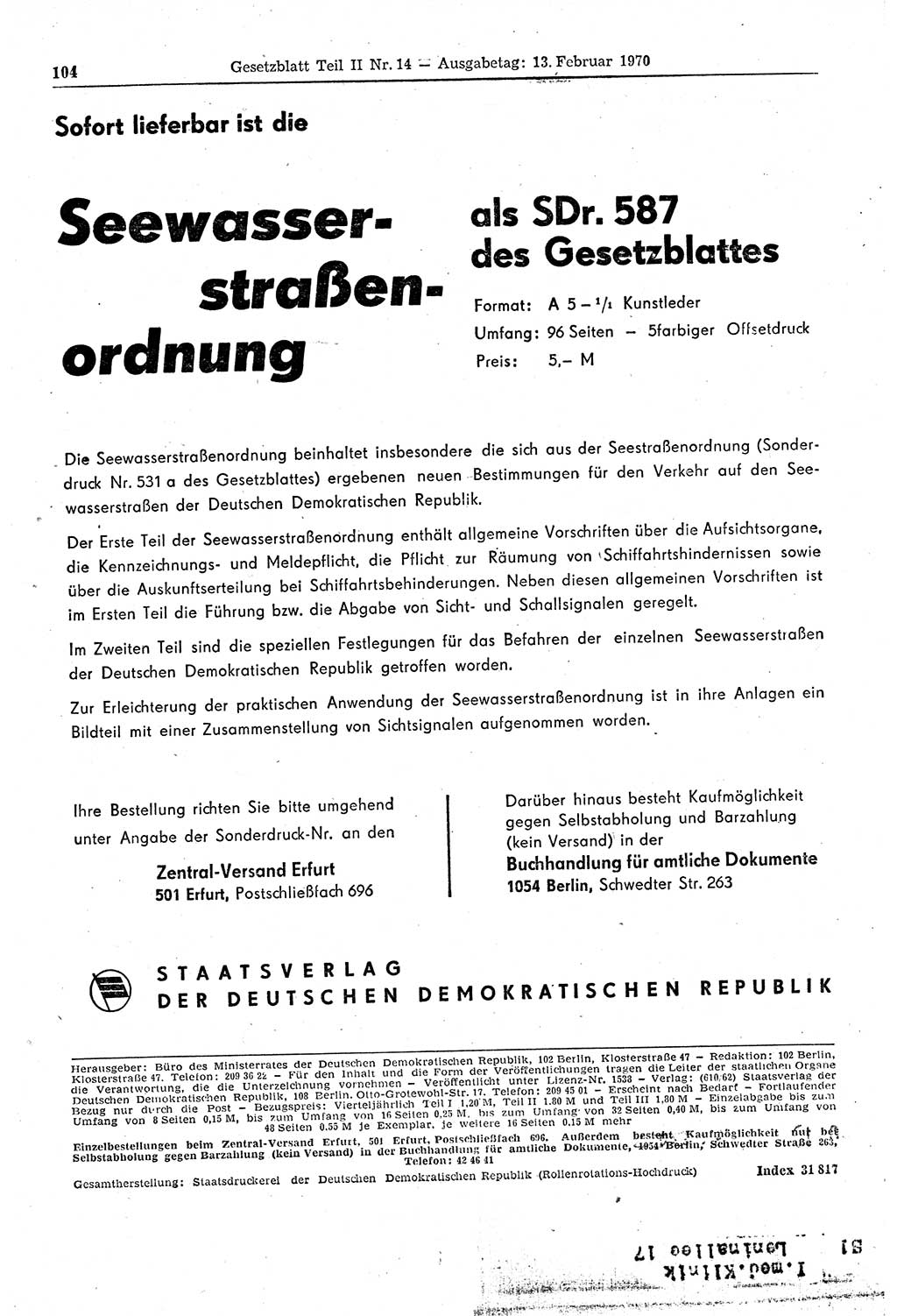 Gesetzblatt (GBl.) der Deutschen Demokratischen Republik (DDR) Teil ⅠⅠ 1970, Seite 104 (GBl. DDR ⅠⅠ 1970, S. 104)