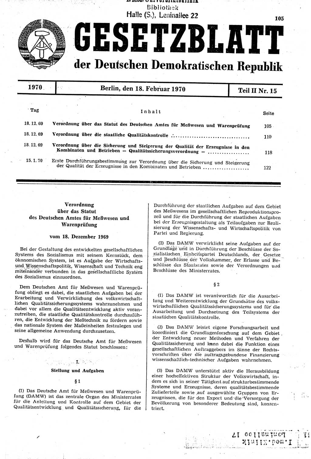 Gesetzblatt (GBl.) der Deutschen Demokratischen Republik (DDR) Teil ⅠⅠ 1970, Seite 105 (GBl. DDR ⅠⅠ 1970, S. 105)