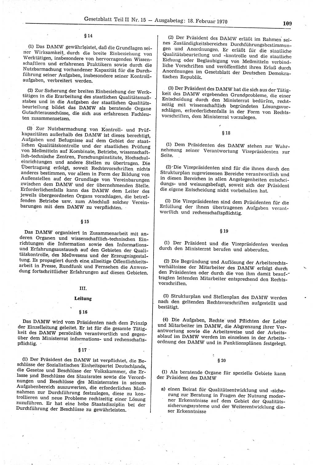 Gesetzblatt (GBl.) der Deutschen Demokratischen Republik (DDR) Teil ⅠⅠ 1970, Seite 109 (GBl. DDR ⅠⅠ 1970, S. 109)