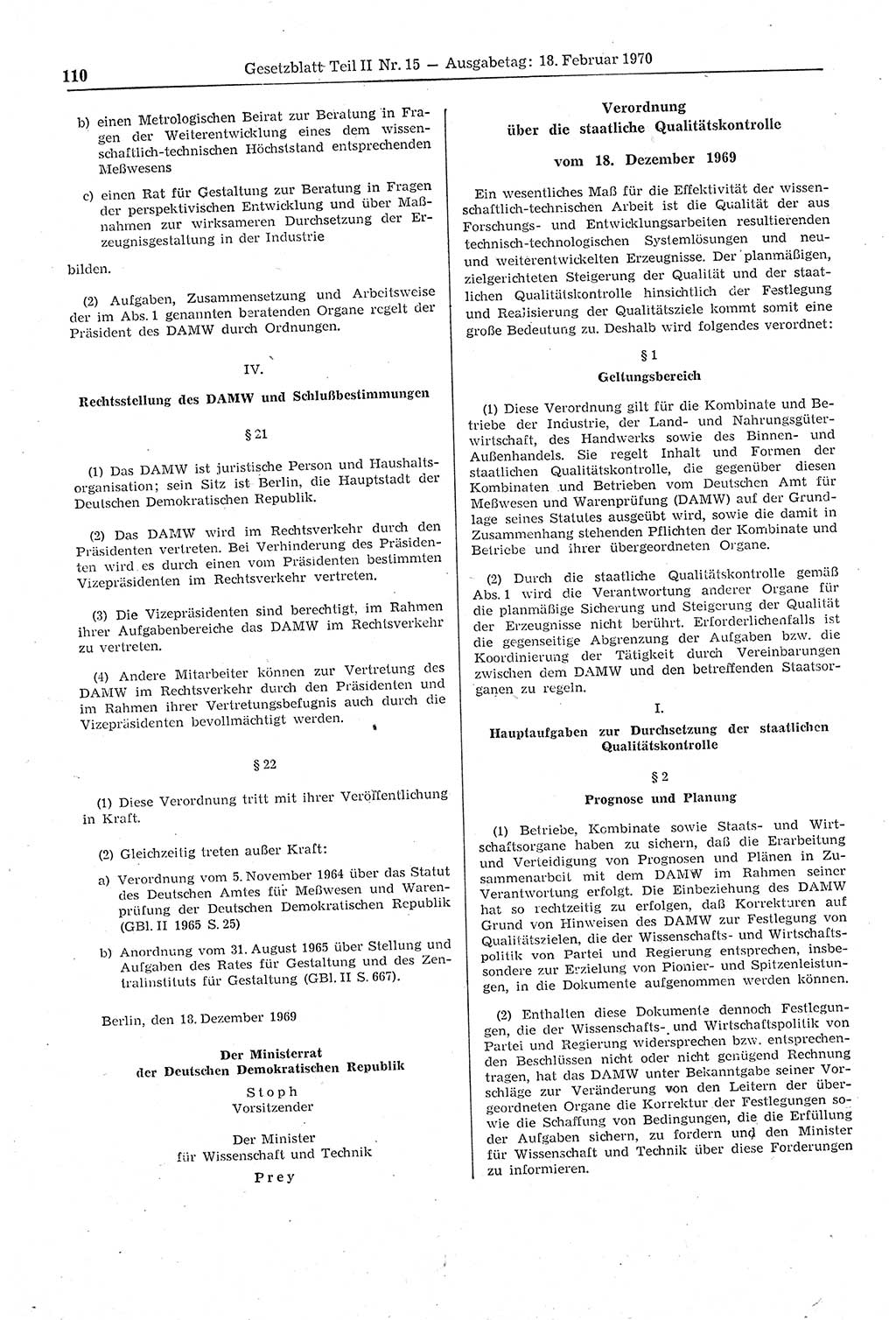 Gesetzblatt (GBl.) der Deutschen Demokratischen Republik (DDR) Teil ⅠⅠ 1970, Seite 110 (GBl. DDR ⅠⅠ 1970, S. 110)