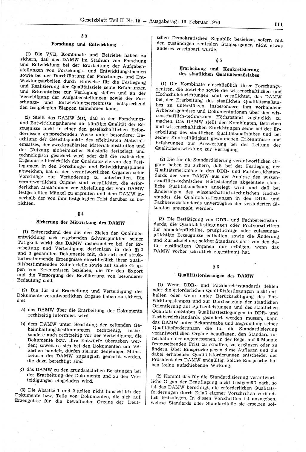 Gesetzblatt (GBl.) der Deutschen Demokratischen Republik (DDR) Teil ⅠⅠ 1970, Seite 111 (GBl. DDR ⅠⅠ 1970, S. 111)