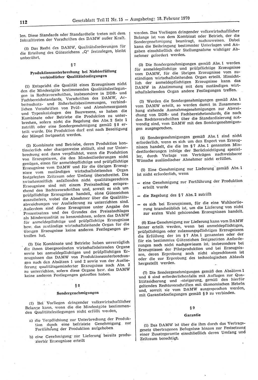 Gesetzblatt (GBl.) der Deutschen Demokratischen Republik (DDR) Teil ⅠⅠ 1970, Seite 112 (GBl. DDR ⅠⅠ 1970, S. 112)