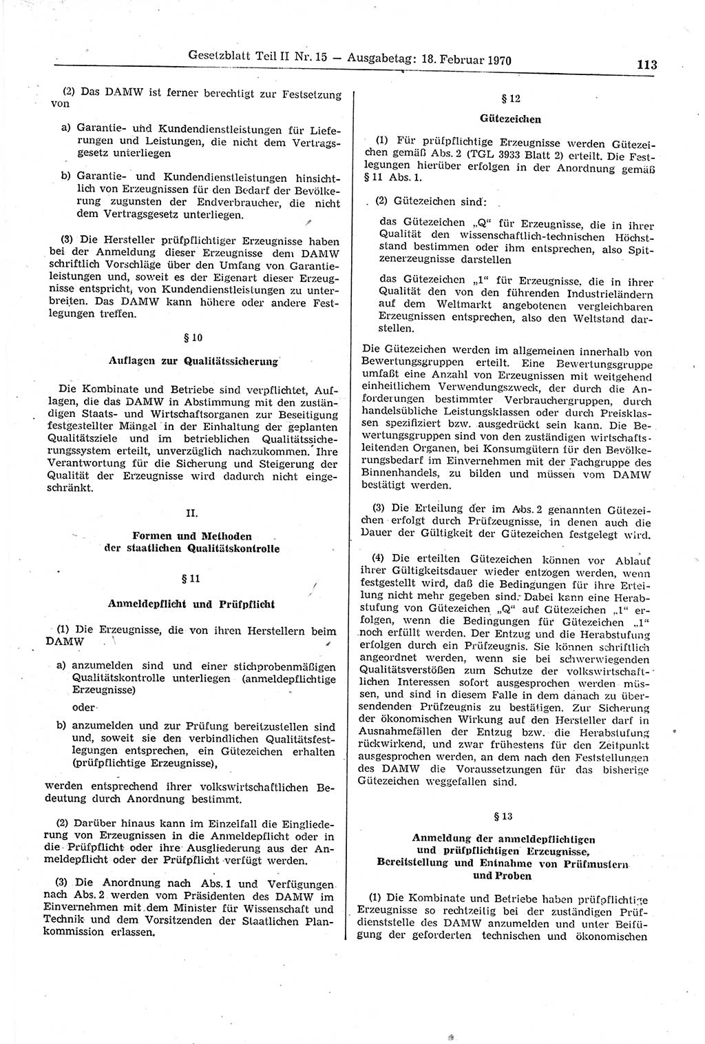 Gesetzblatt (GBl.) der Deutschen Demokratischen Republik (DDR) Teil ⅠⅠ 1970, Seite 113 (GBl. DDR ⅠⅠ 1970, S. 113)