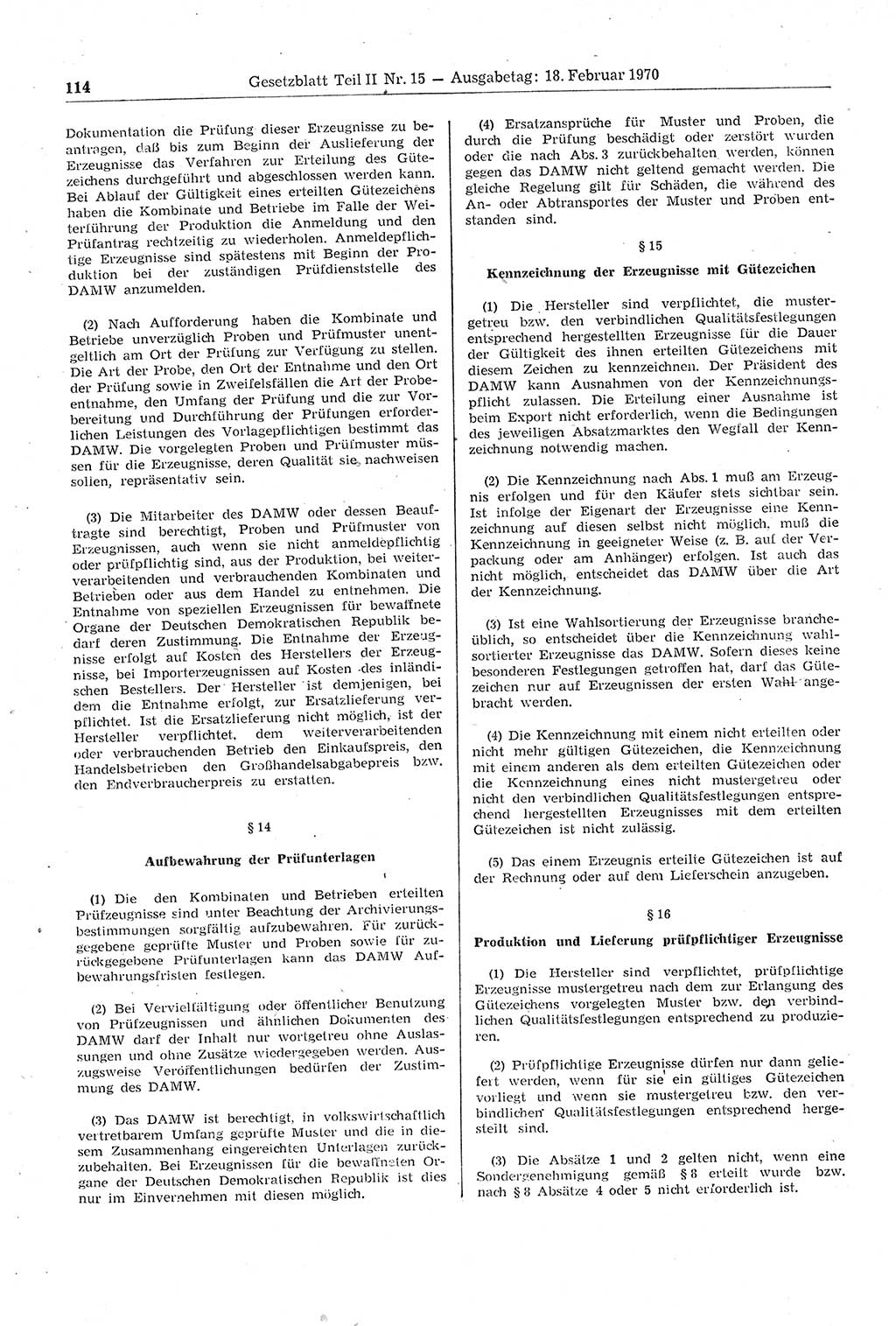 Gesetzblatt (GBl.) der Deutschen Demokratischen Republik (DDR) Teil ⅠⅠ 1970, Seite 114 (GBl. DDR ⅠⅠ 1970, S. 114)