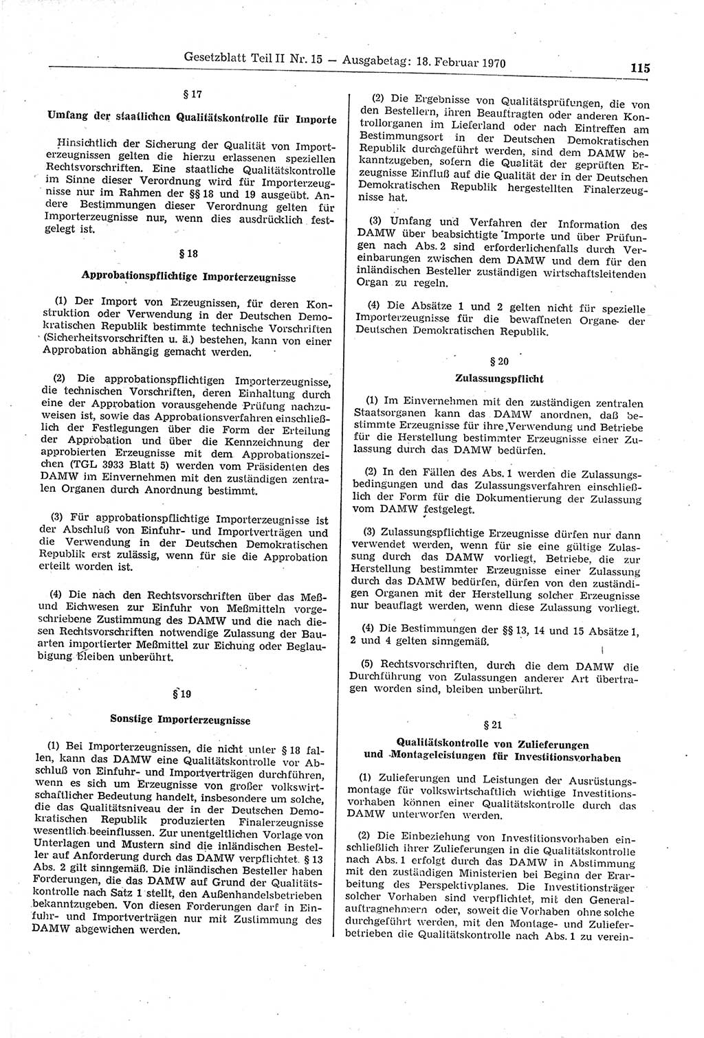 Gesetzblatt (GBl.) der Deutschen Demokratischen Republik (DDR) Teil ⅠⅠ 1970, Seite 115 (GBl. DDR ⅠⅠ 1970, S. 115)