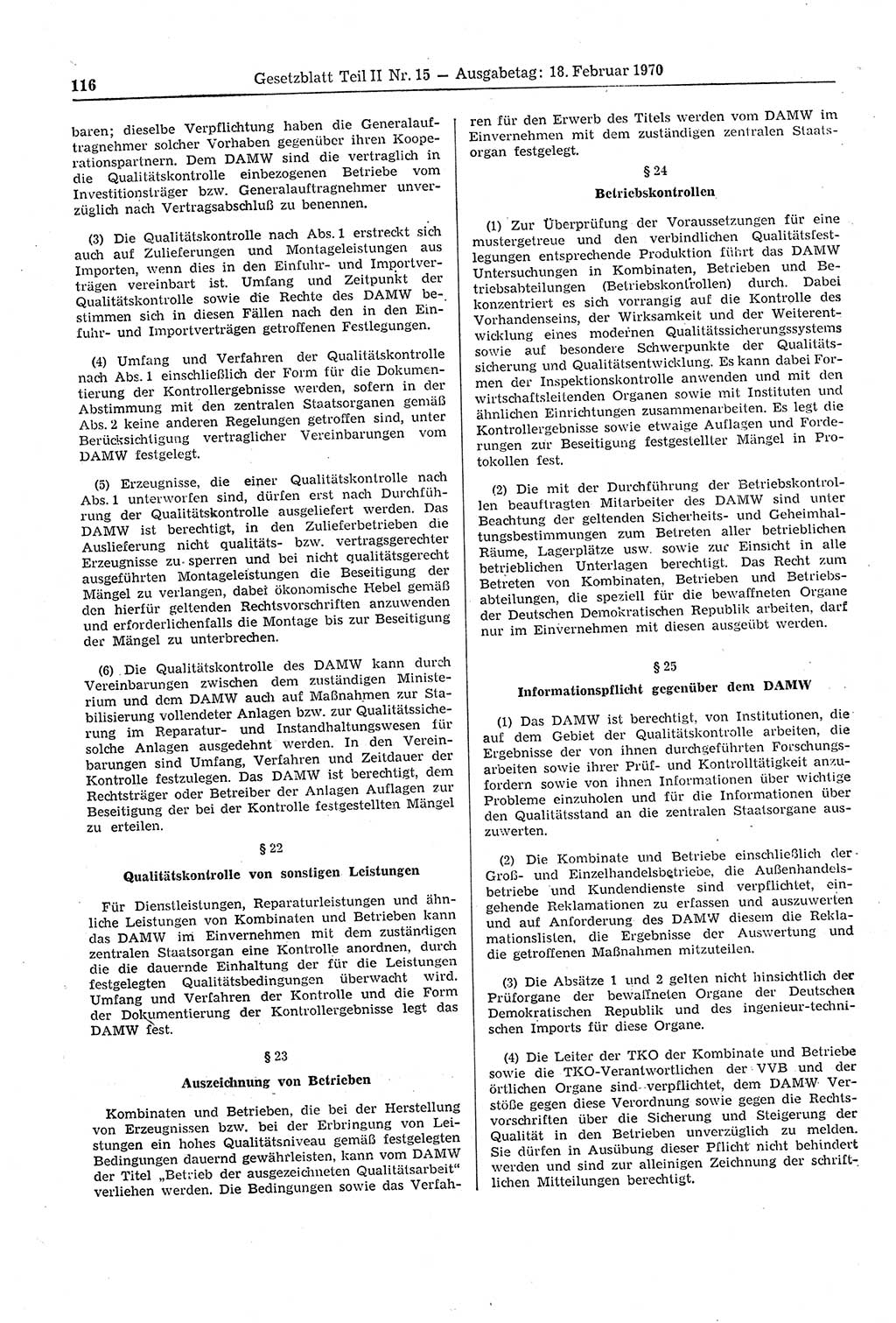 Gesetzblatt (GBl.) der Deutschen Demokratischen Republik (DDR) Teil ⅠⅠ 1970, Seite 116 (GBl. DDR ⅠⅠ 1970, S. 116)