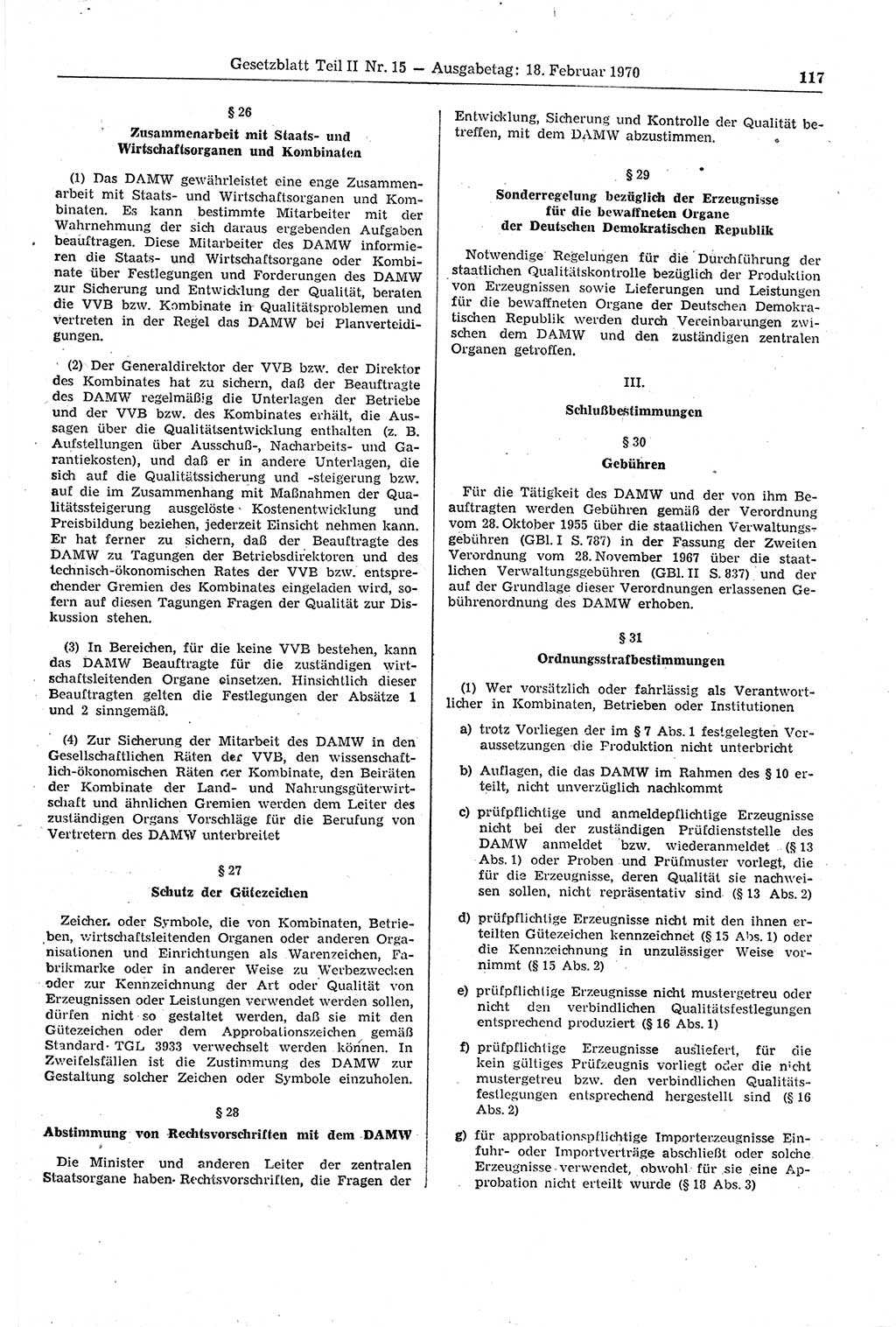 Gesetzblatt (GBl.) der Deutschen Demokratischen Republik (DDR) Teil ⅠⅠ 1970, Seite 117 (GBl. DDR ⅠⅠ 1970, S. 117)