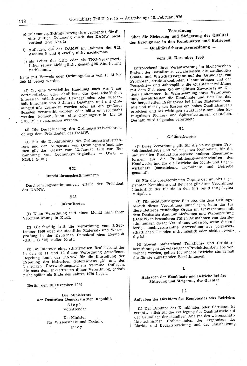 Gesetzblatt (GBl.) der Deutschen Demokratischen Republik (DDR) Teil ⅠⅠ 1970, Seite 118 (GBl. DDR ⅠⅠ 1970, S. 118)