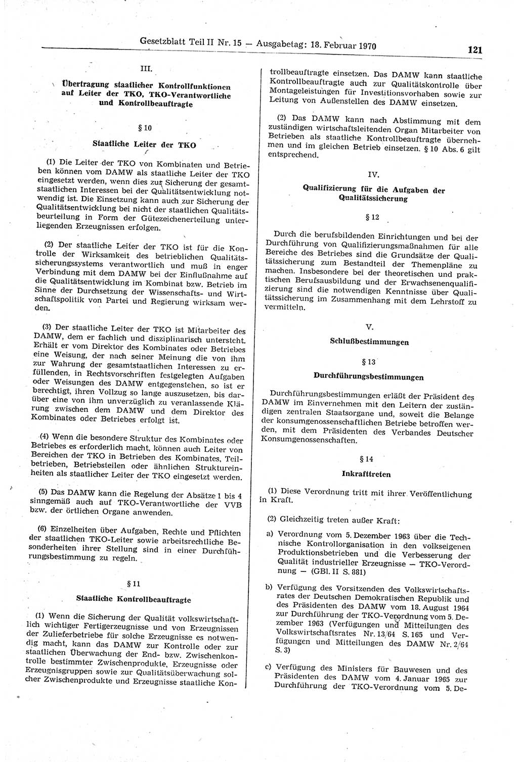 Gesetzblatt (GBl.) der Deutschen Demokratischen Republik (DDR) Teil ⅠⅠ 1970, Seite 121 (GBl. DDR ⅠⅠ 1970, S. 121)
